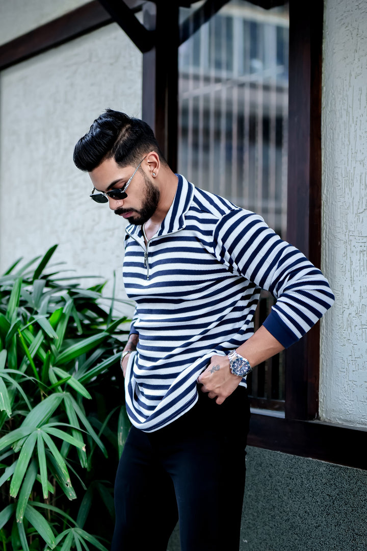 Navy Stripe Waffle Zipper T-Shirt