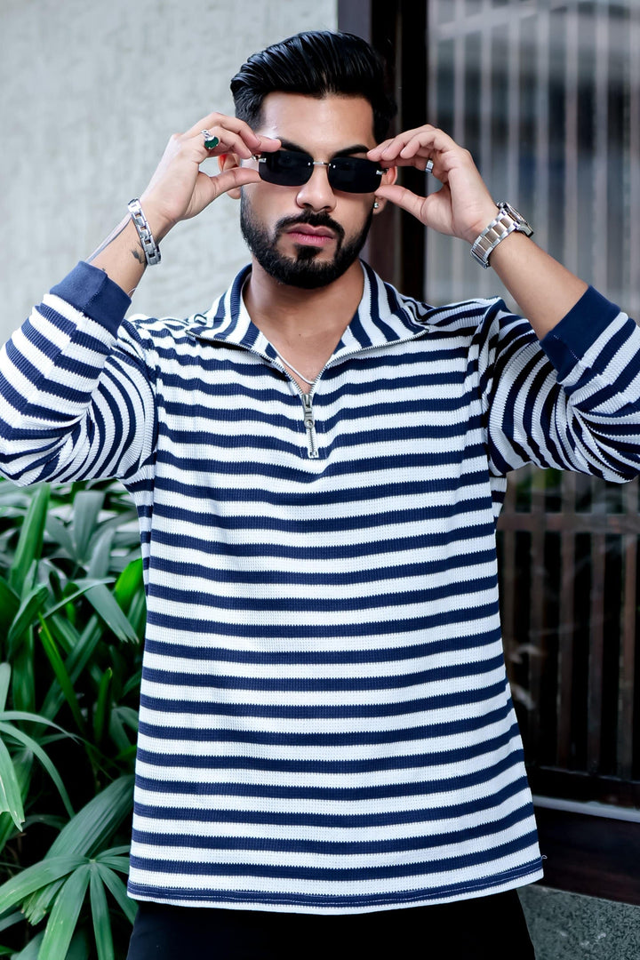 Navy Stripe Waffle Zipper T-Shirt