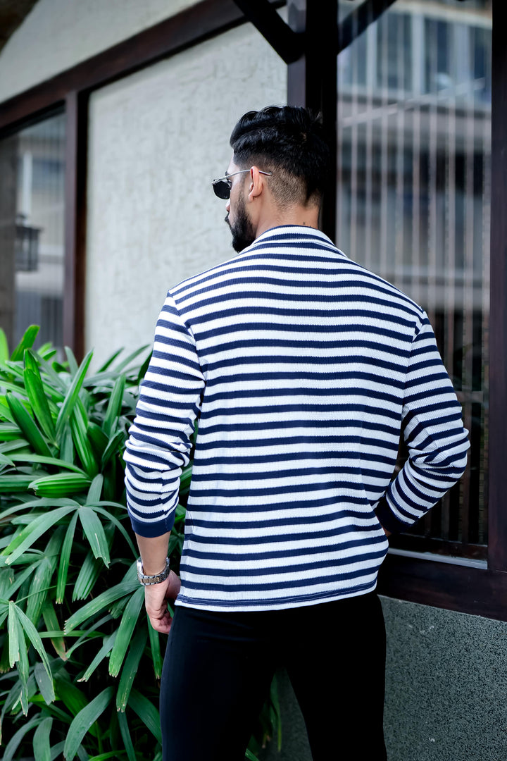 Navy Stripe Waffle Zipper T-Shirt