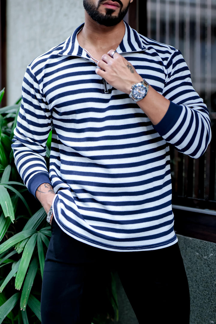 Navy Stripe Waffle Zipper T-Shirt