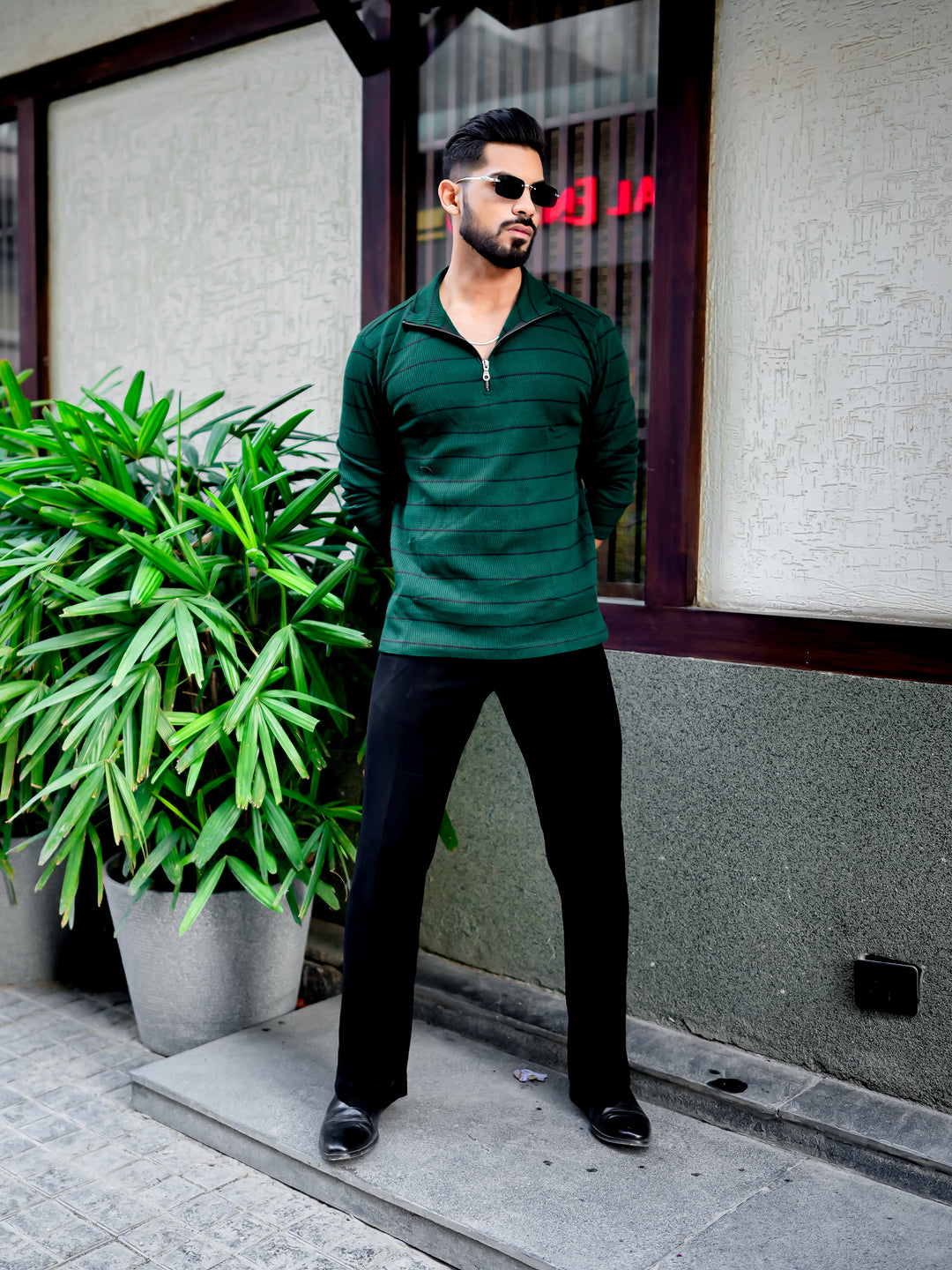 Dark Green Zipper Waffle T-Shirt