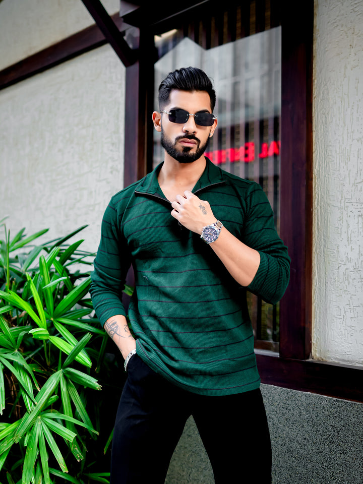 Dark Green Zipper Waffle T-Shirt