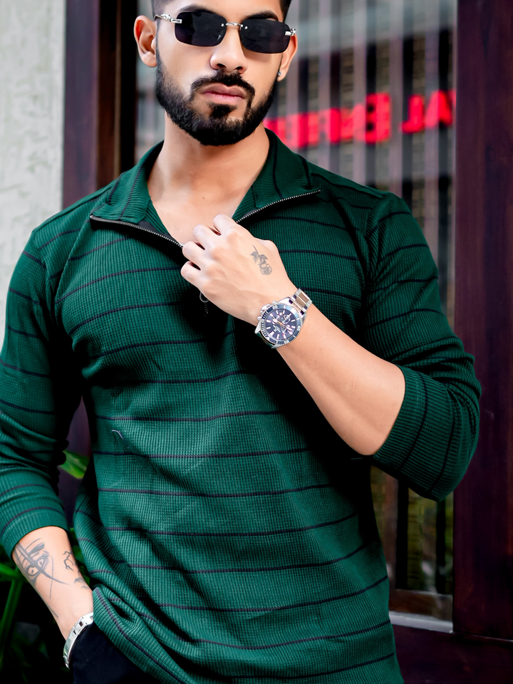Dark Green Zipper Waffle T-Shirt