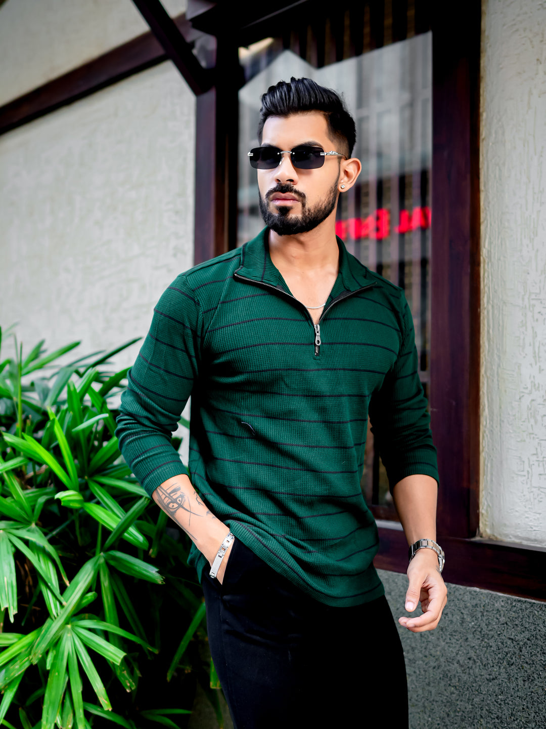 Dark Green Zipper Waffle T-Shirt
