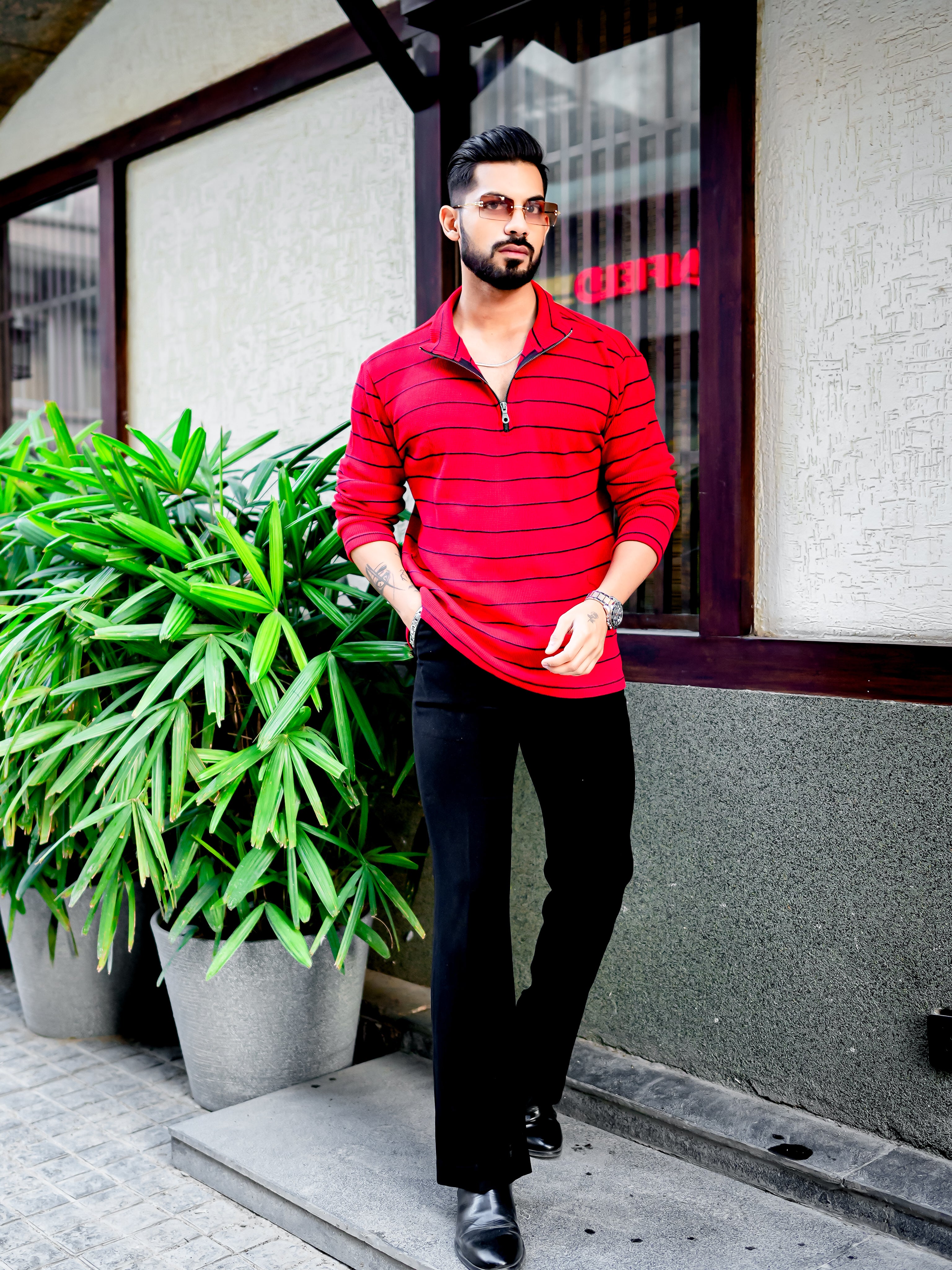 Red Ribbed Waffle Zipper T-Shirt