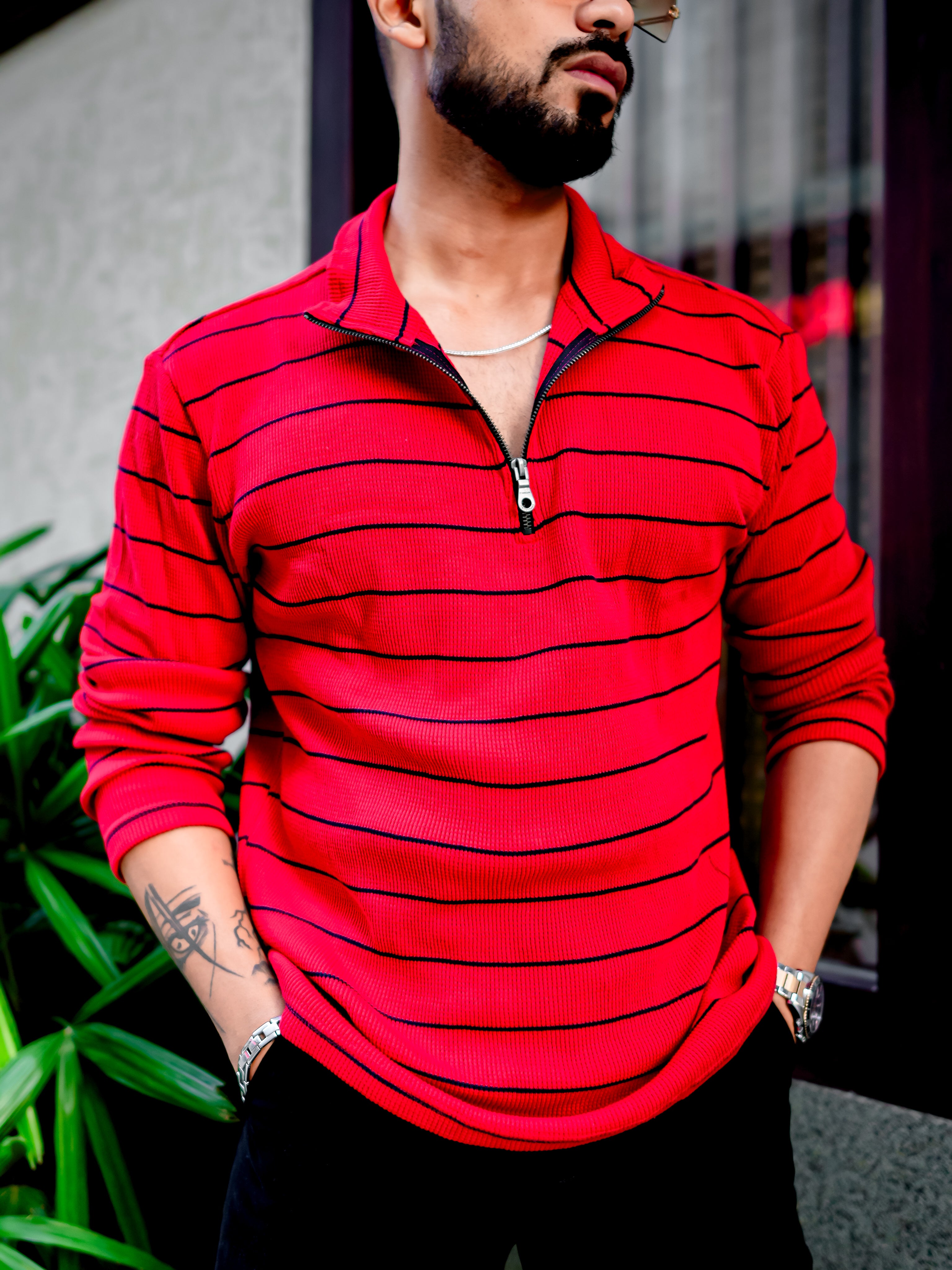 Red Ribbed Waffle Zipper T-Shirt