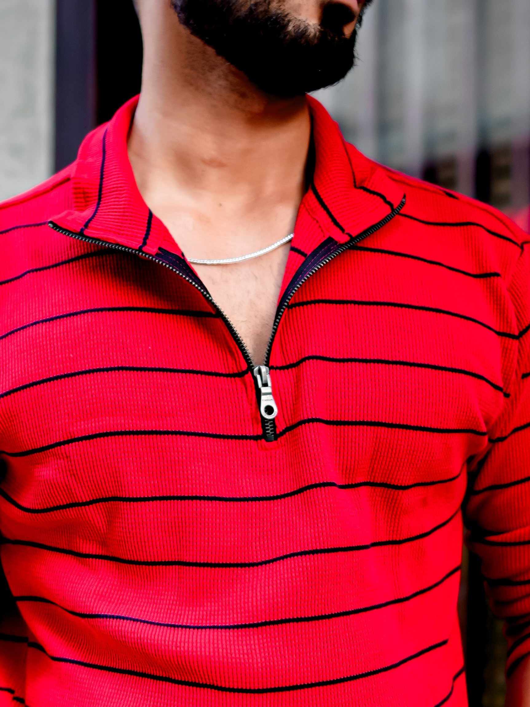 Red Ribbed Waffle Zipper T-Shirt