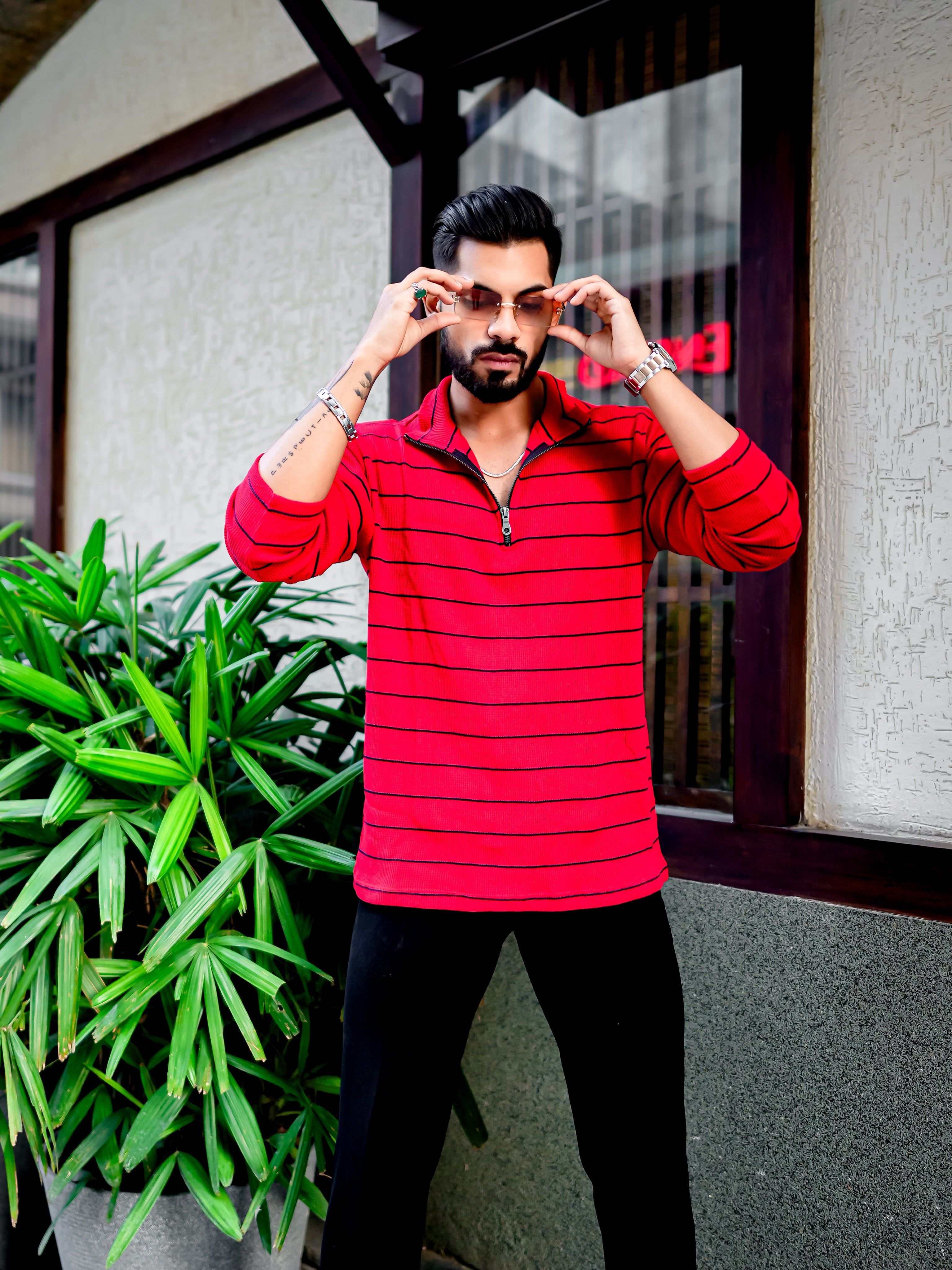Red Ribbed Waffle Zipper T-Shirt