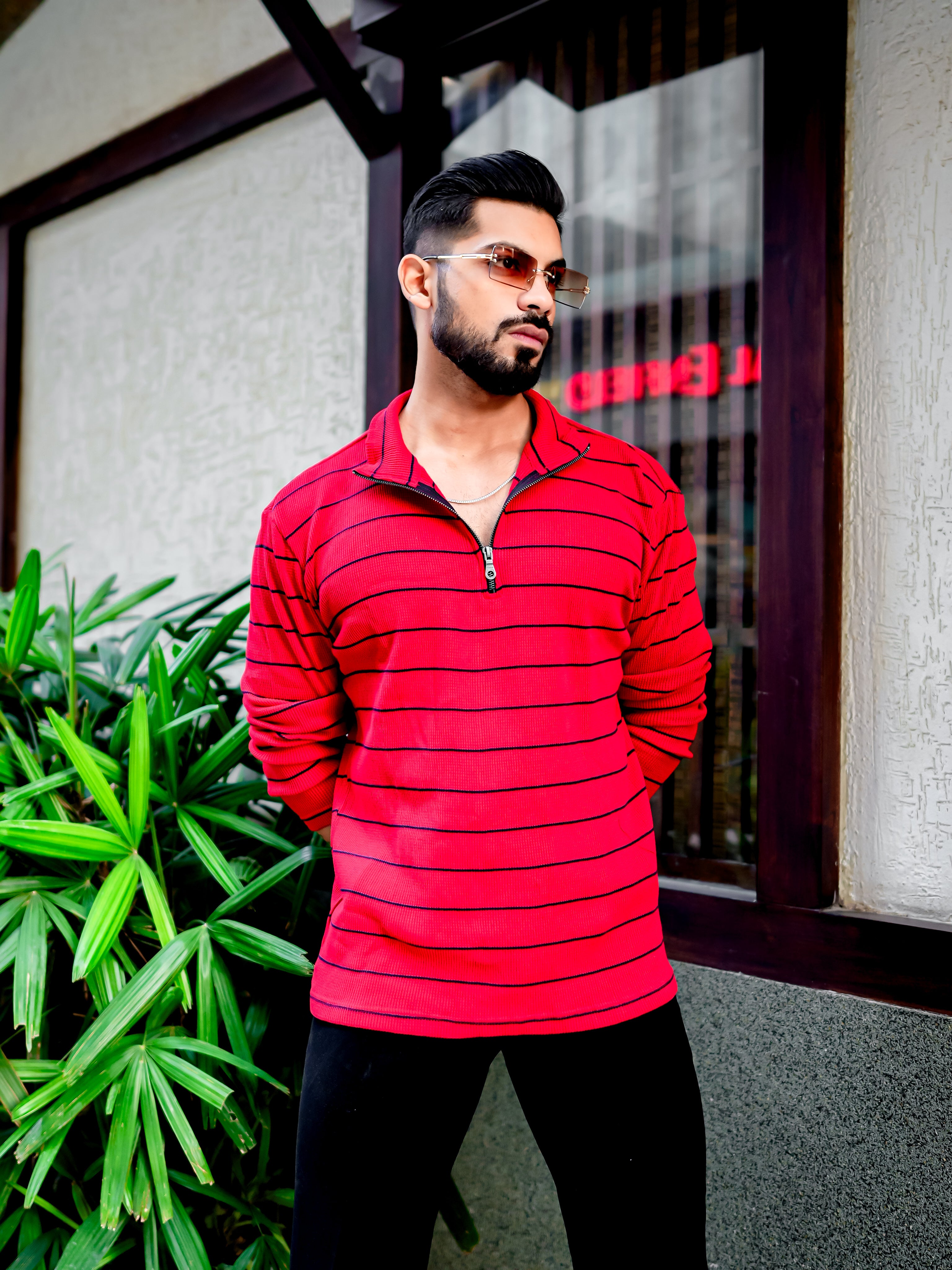 Red Ribbed Waffle Zipper T-Shirt