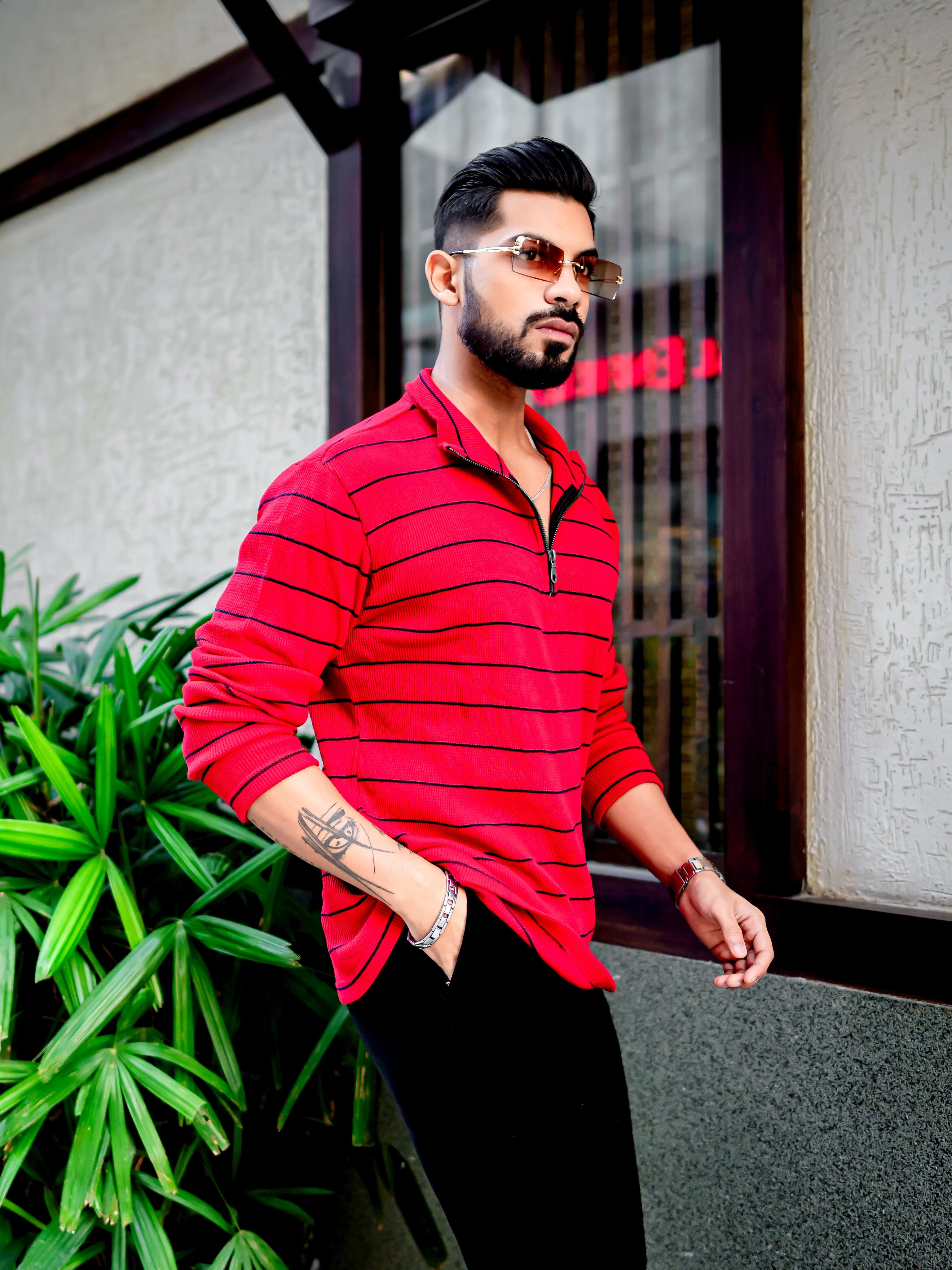Red Ribbed Waffle Zipper T-Shirt
