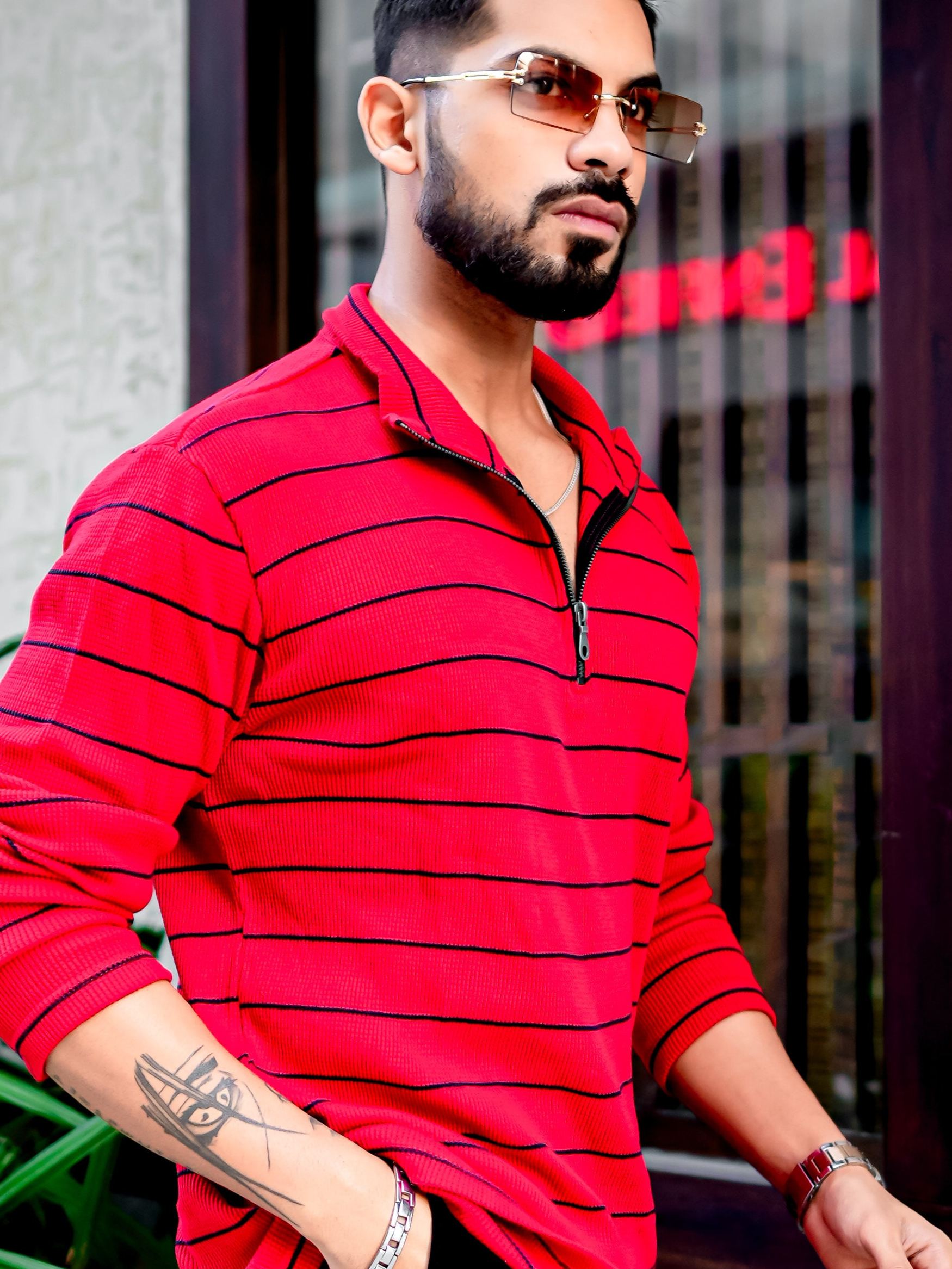 Red Ribbed Waffle Zipper T-Shirt