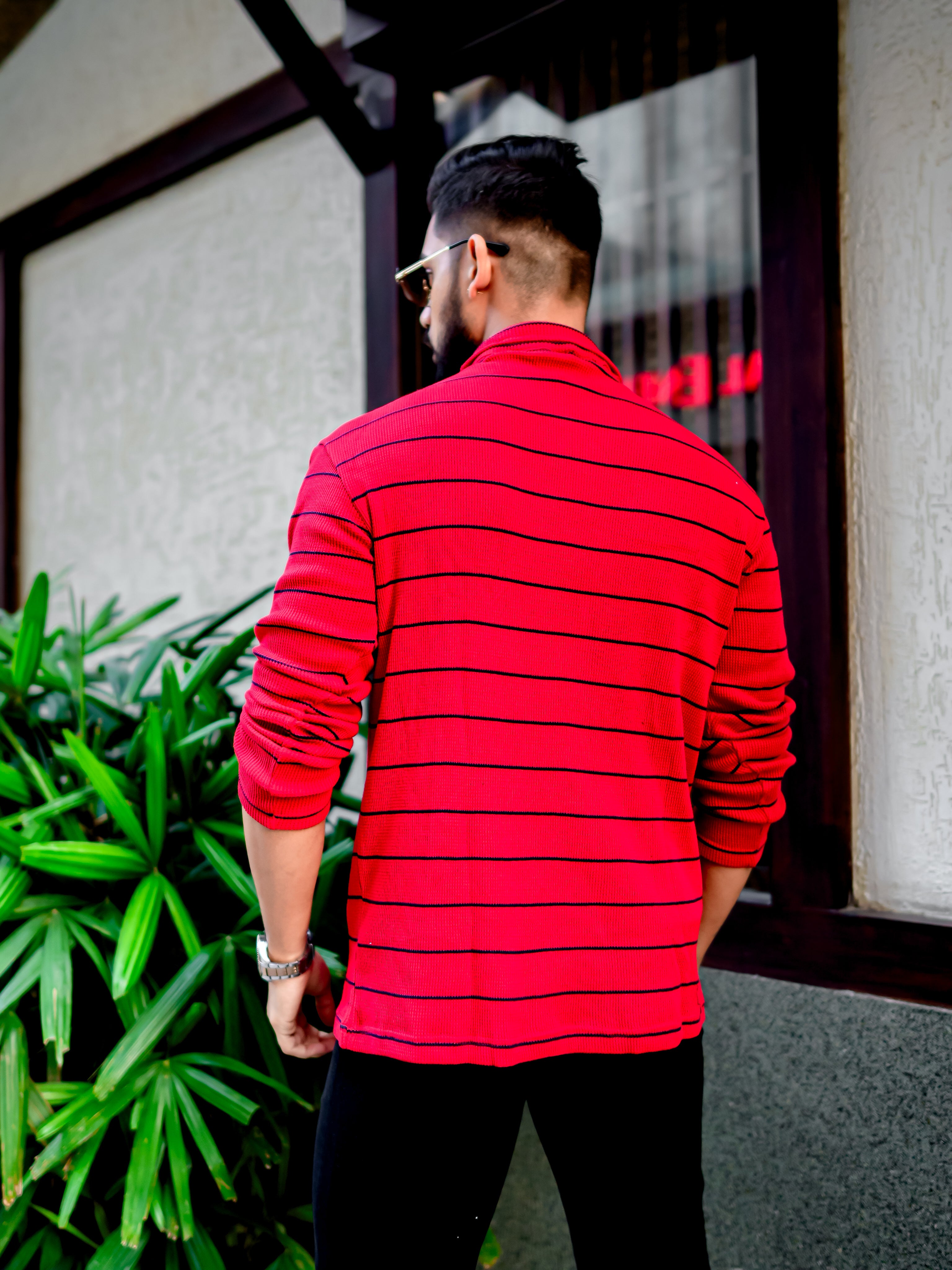 Red Ribbed Waffle Zipper T-Shirt
