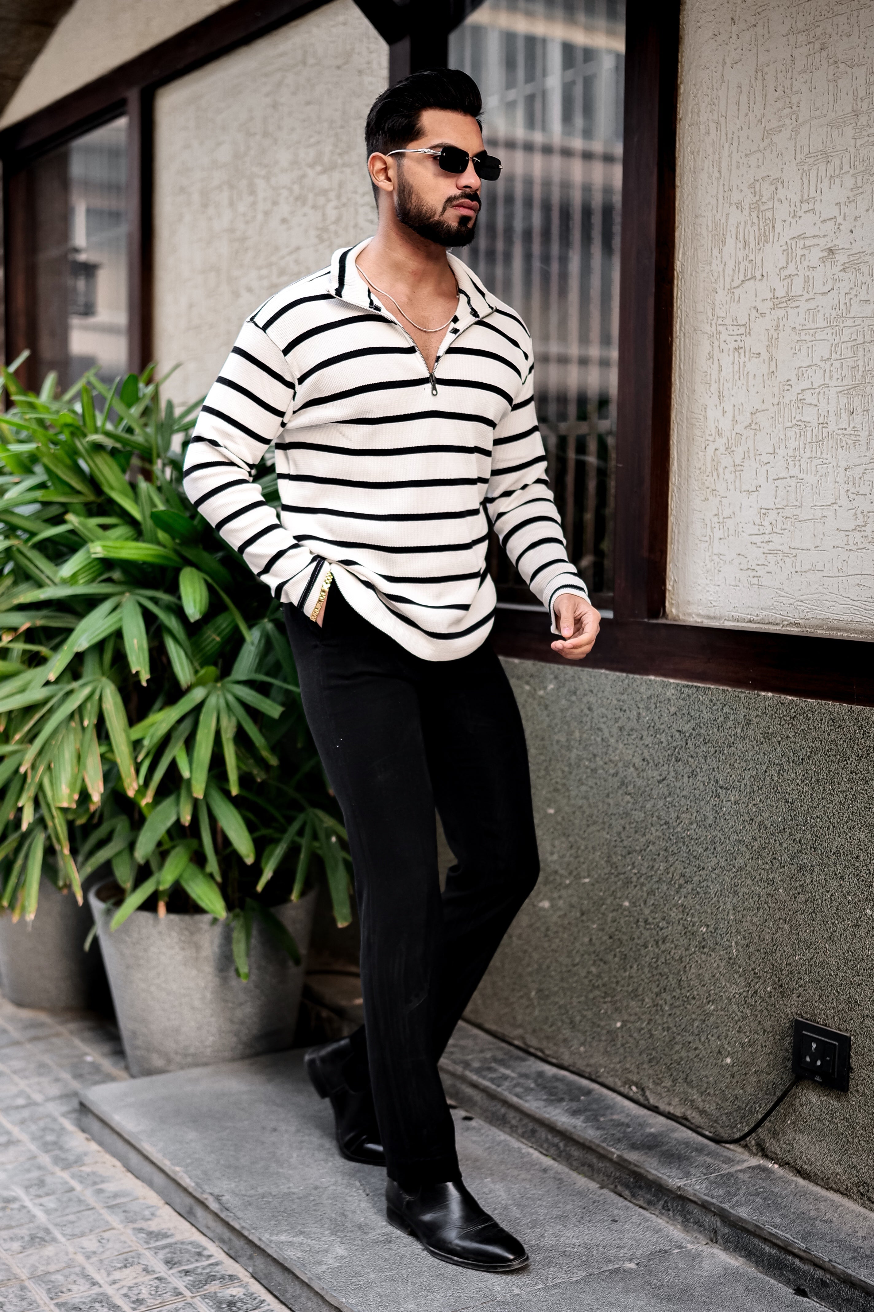 White Striper Zipper T-Shirt