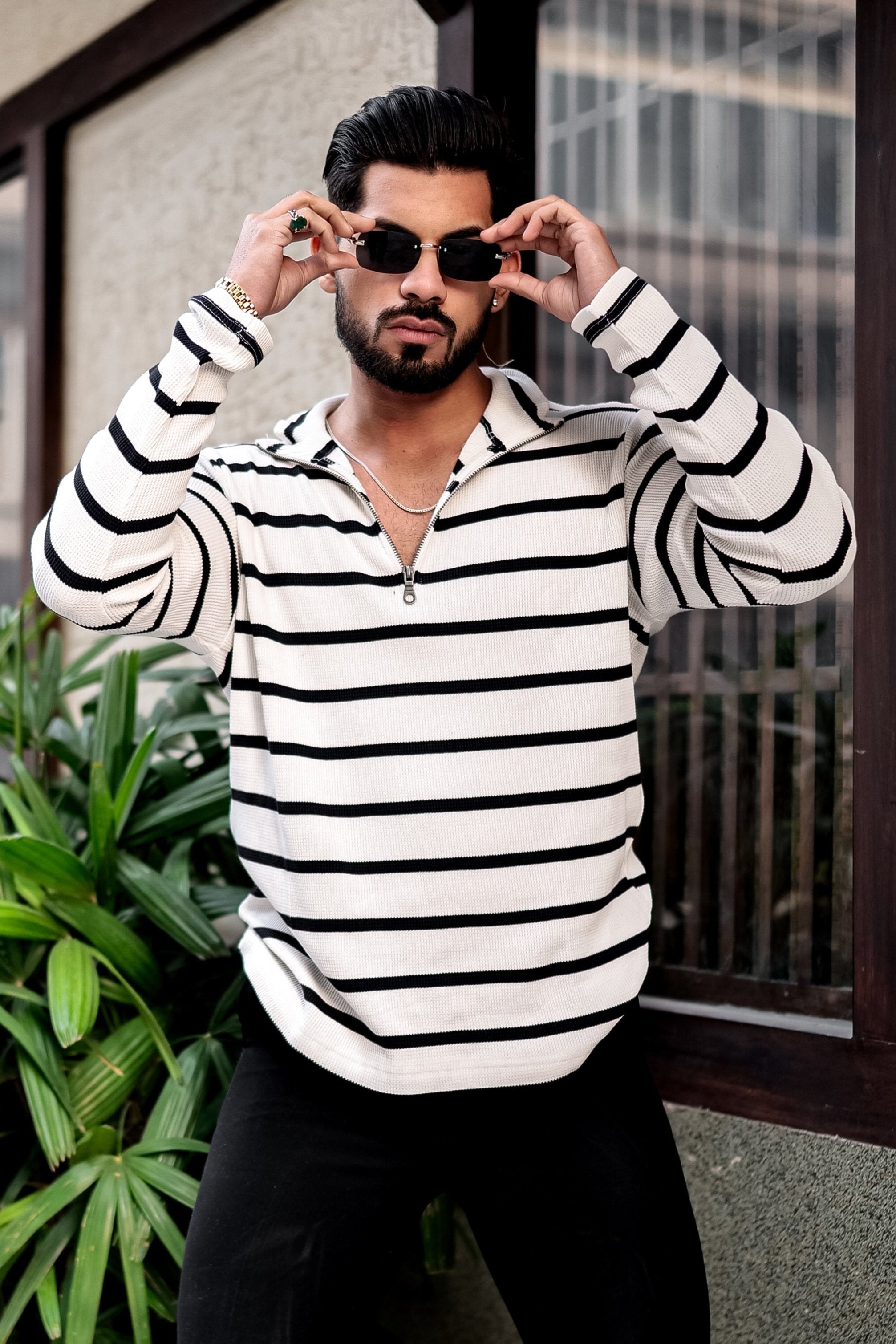 White Striper Zipper T-Shirt