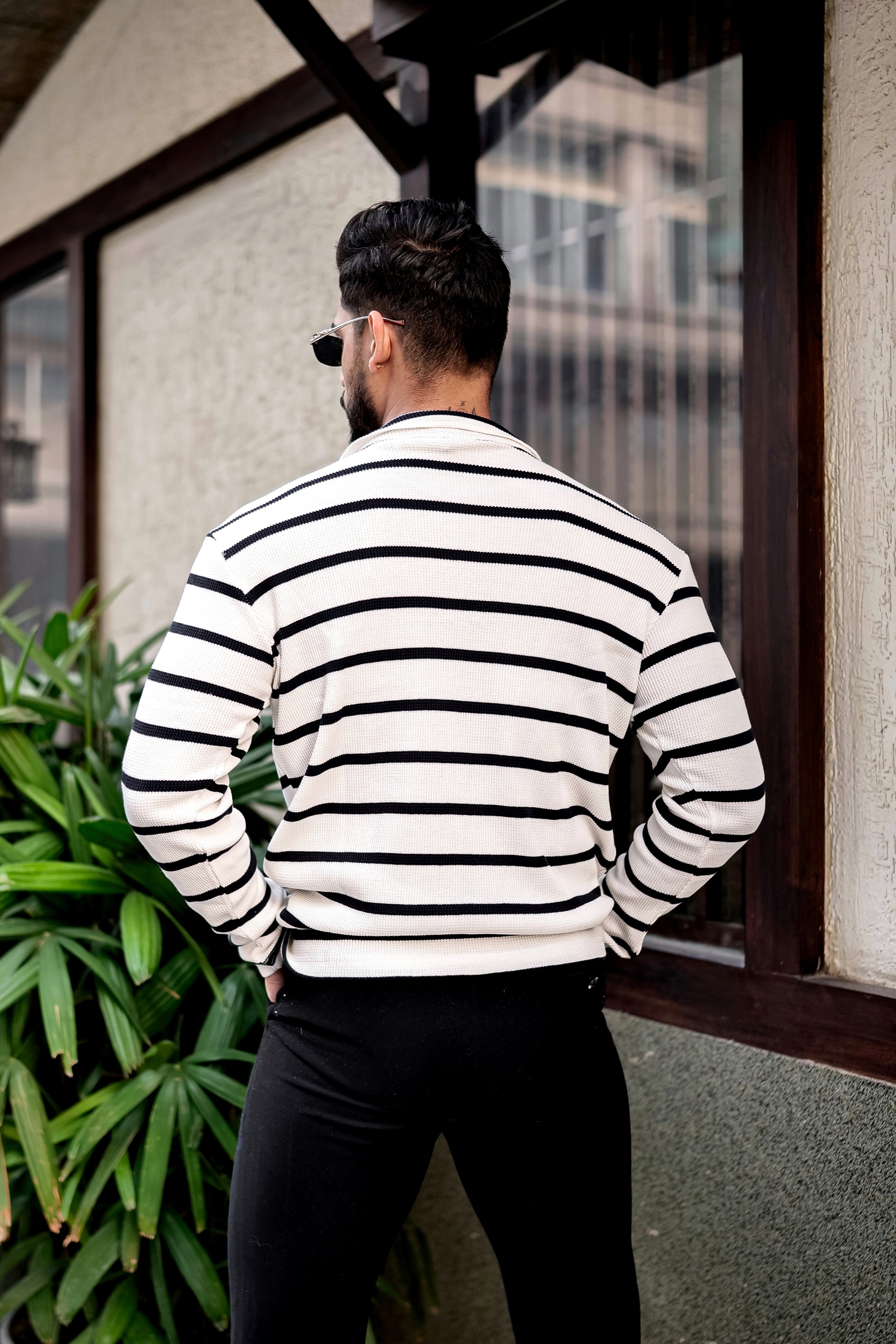 White Striper Zipper T-Shirt