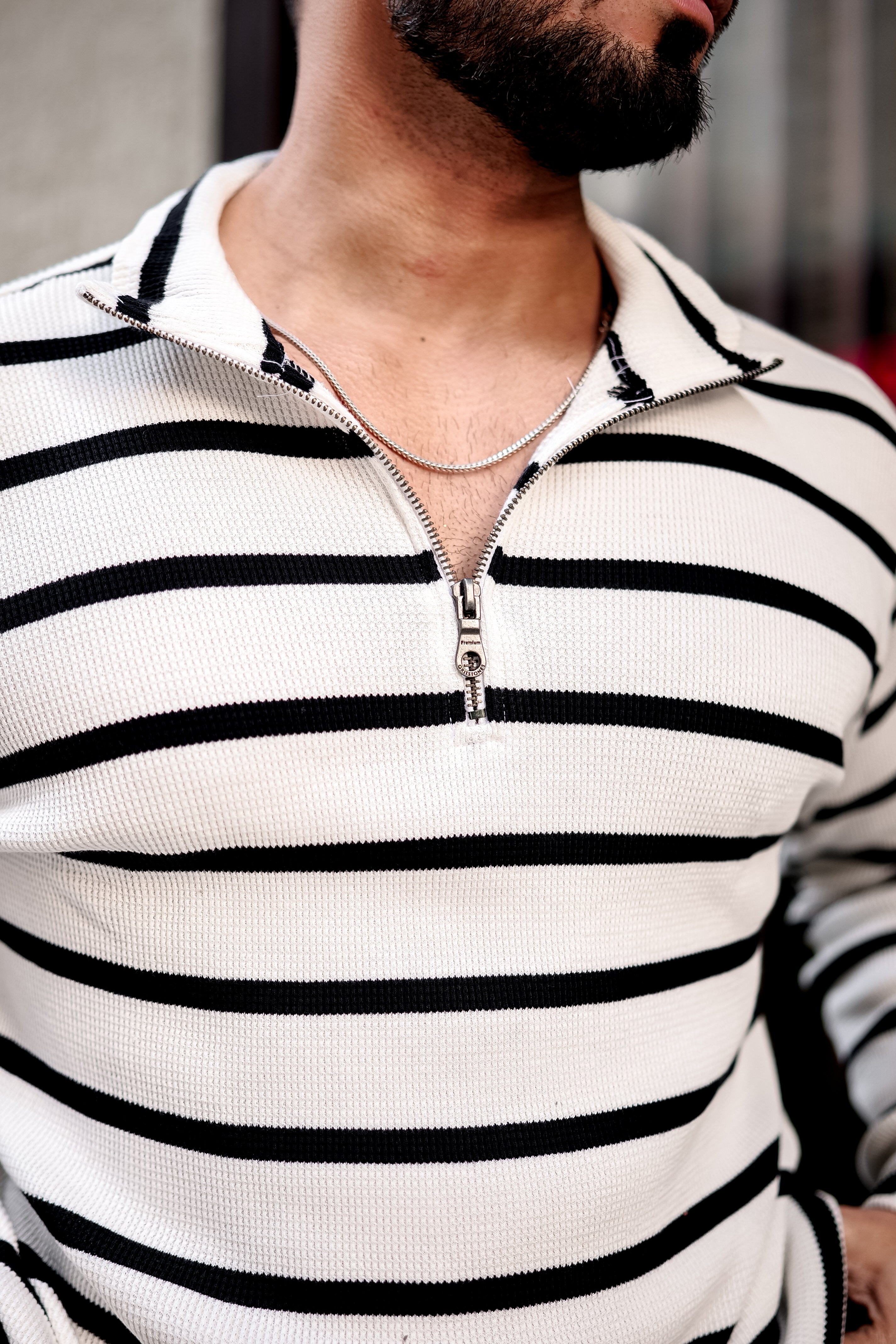 White Striper Zipper T-Shirt