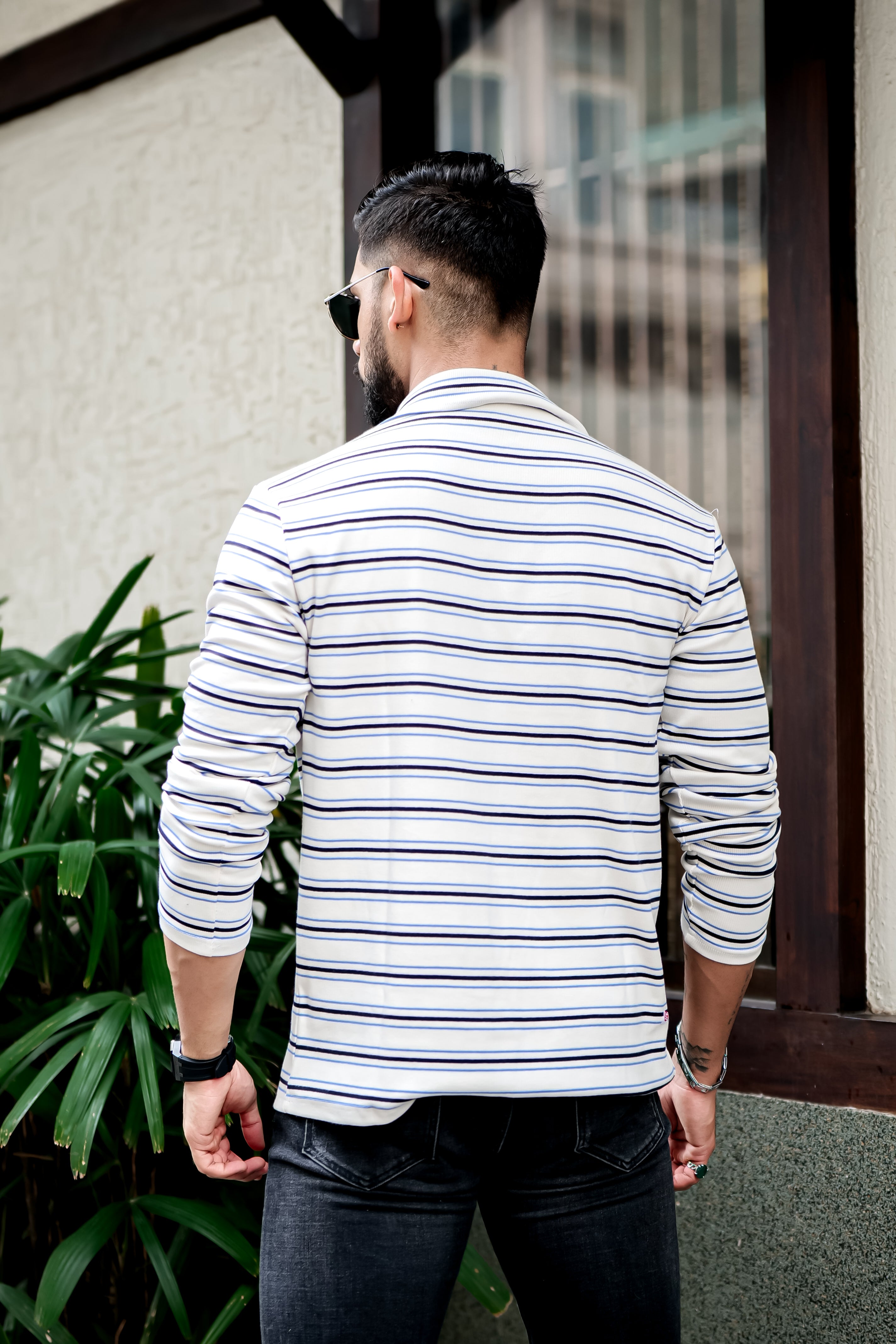 White Self Design Striper Zipper T-Shirt