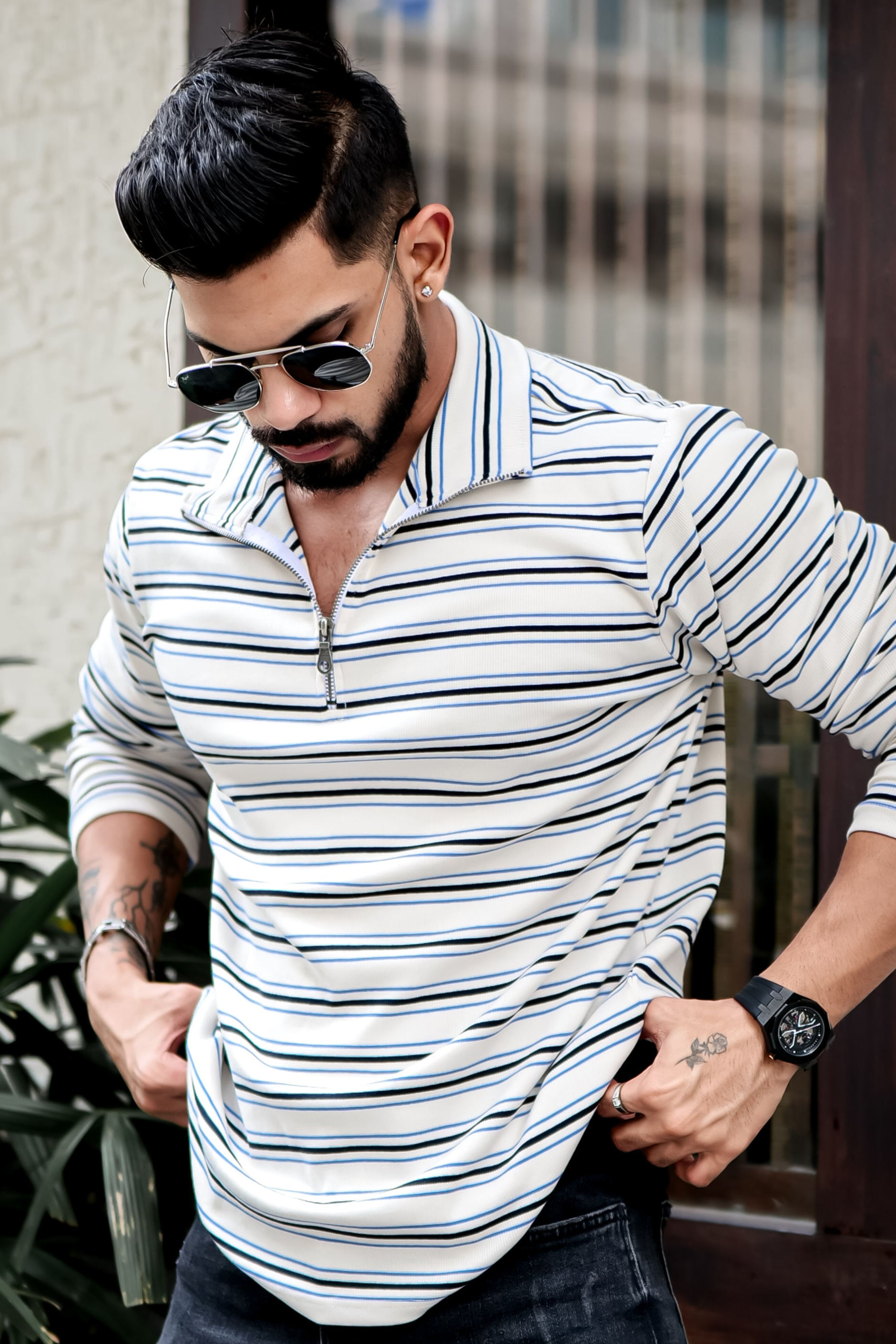 White Self Design Striper Zipper T-Shirt