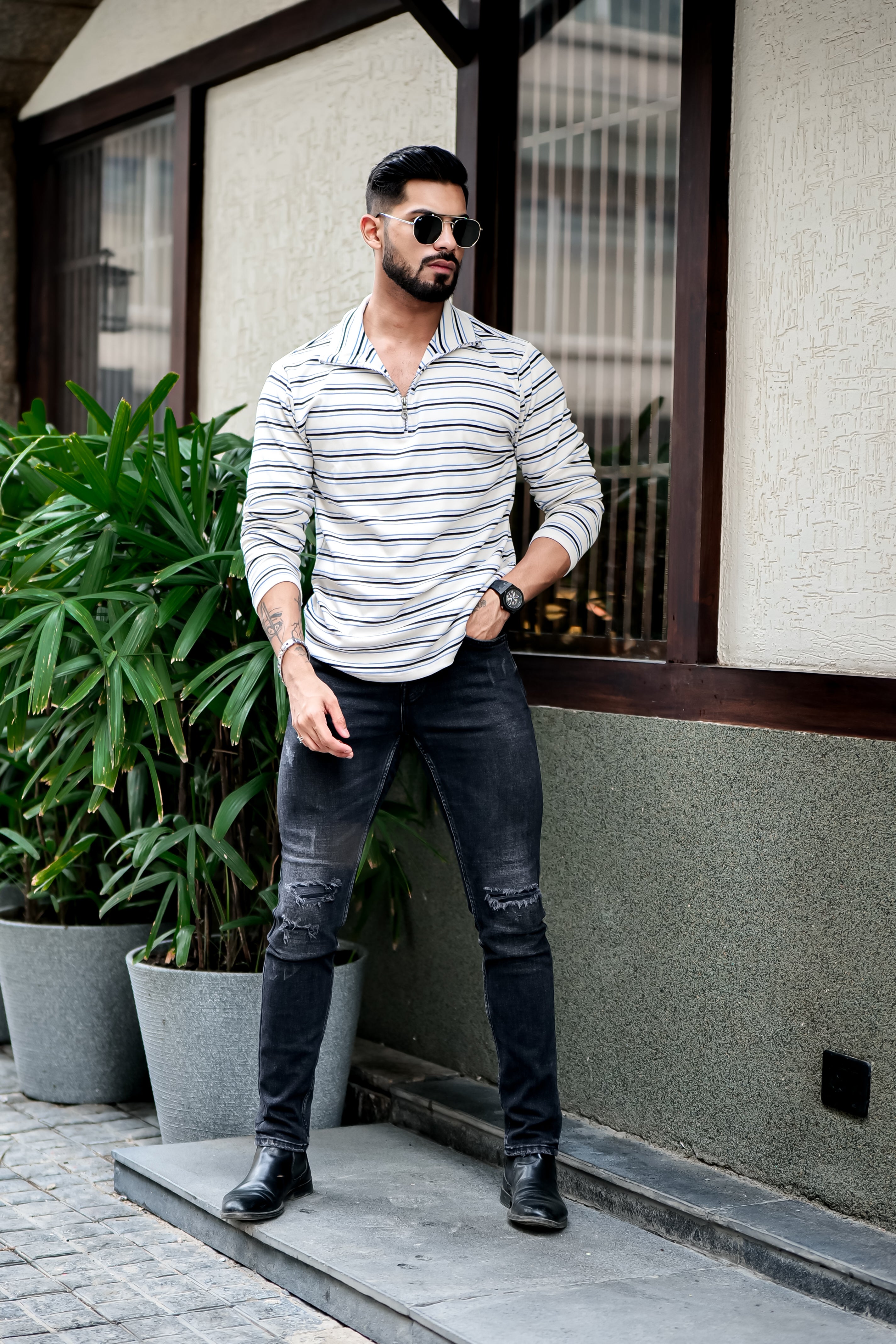 White Self Design Striper Zipper T-Shirt