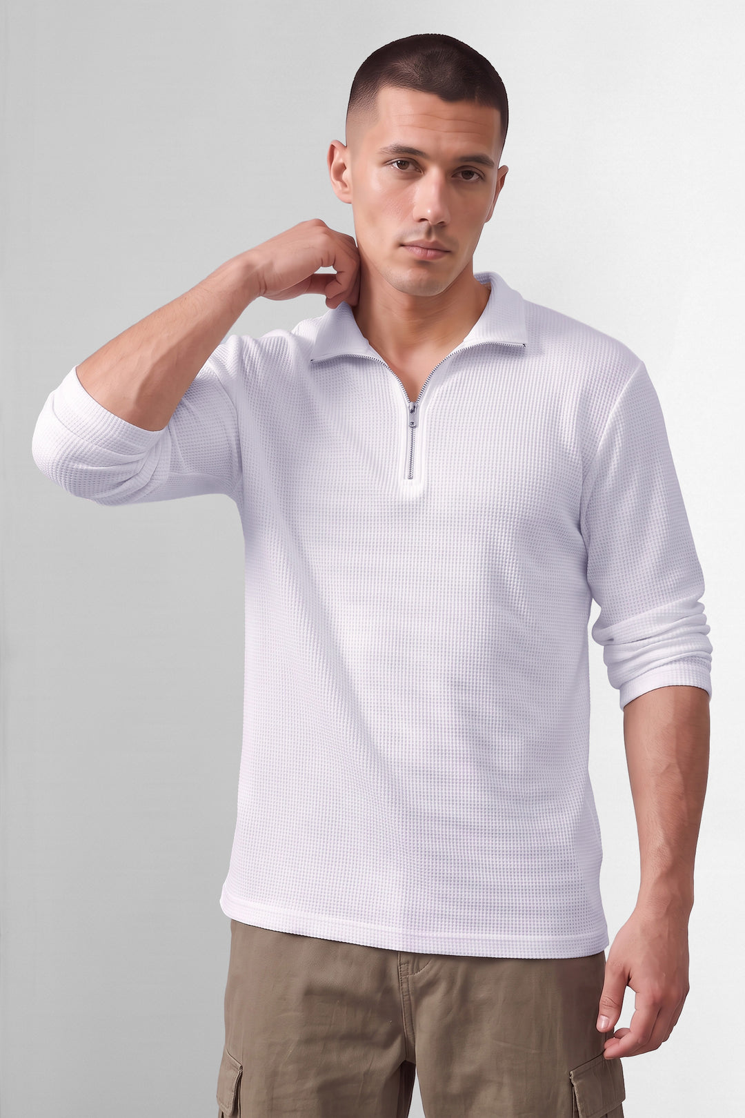 White Self Design Zipper Neck T-Shirt