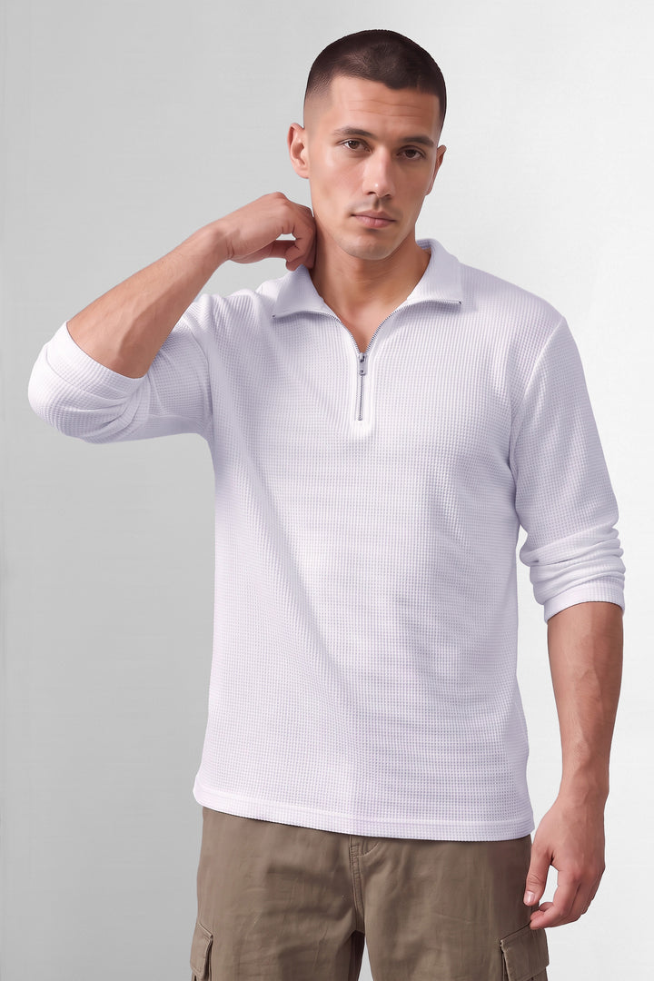 White Self Design Zipper Neck T-Shirt