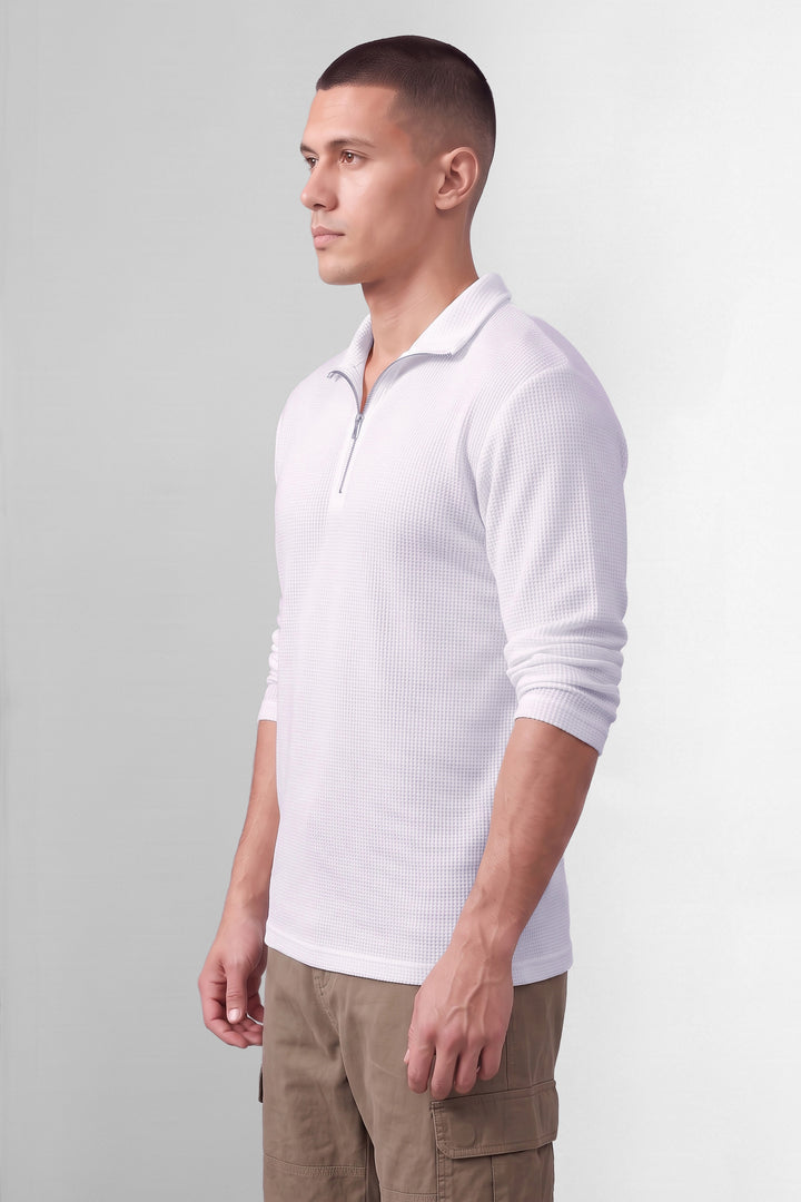 White Self Design Zipper Neck T-Shirt