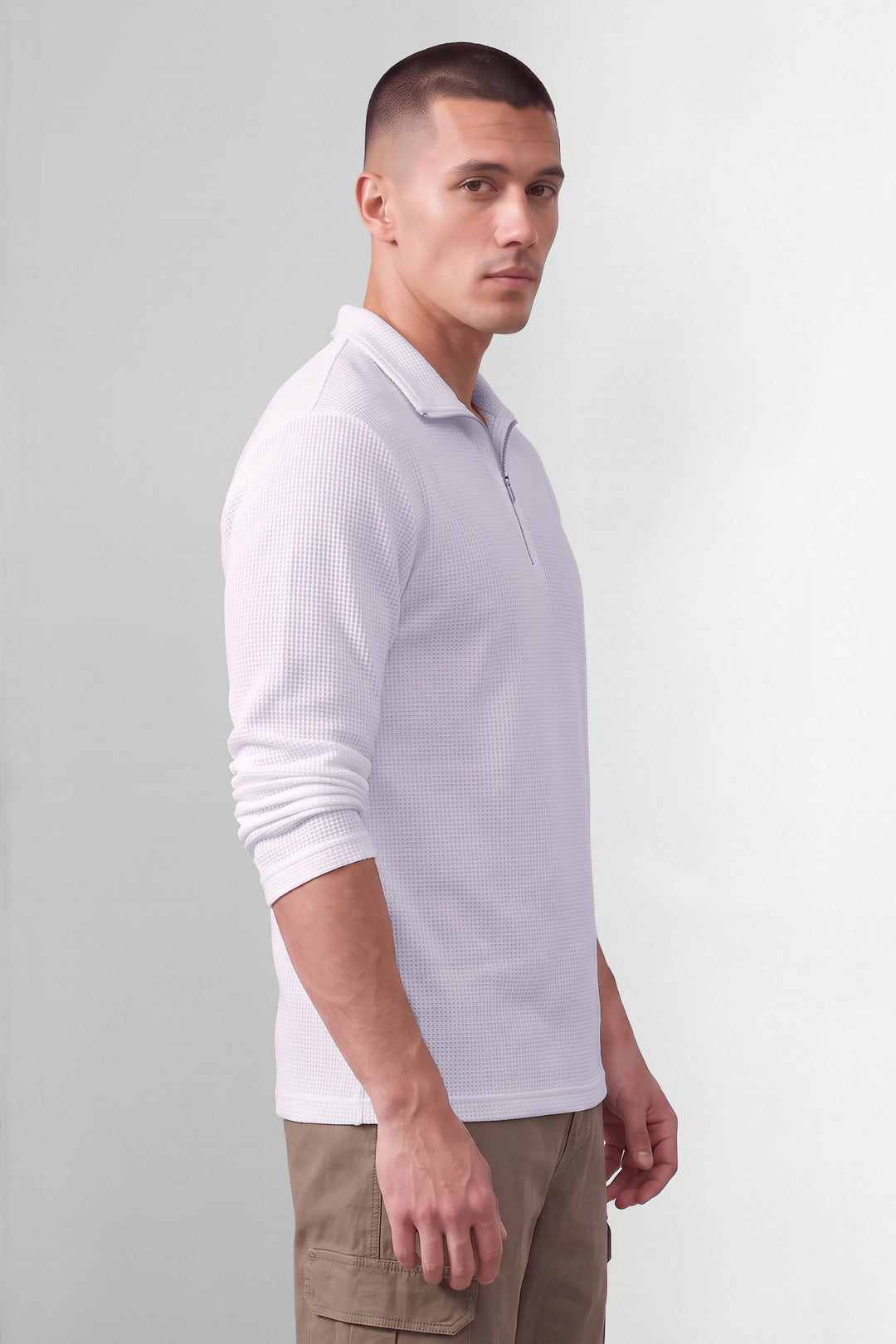 White Self Design Zipper Neck T-Shirt