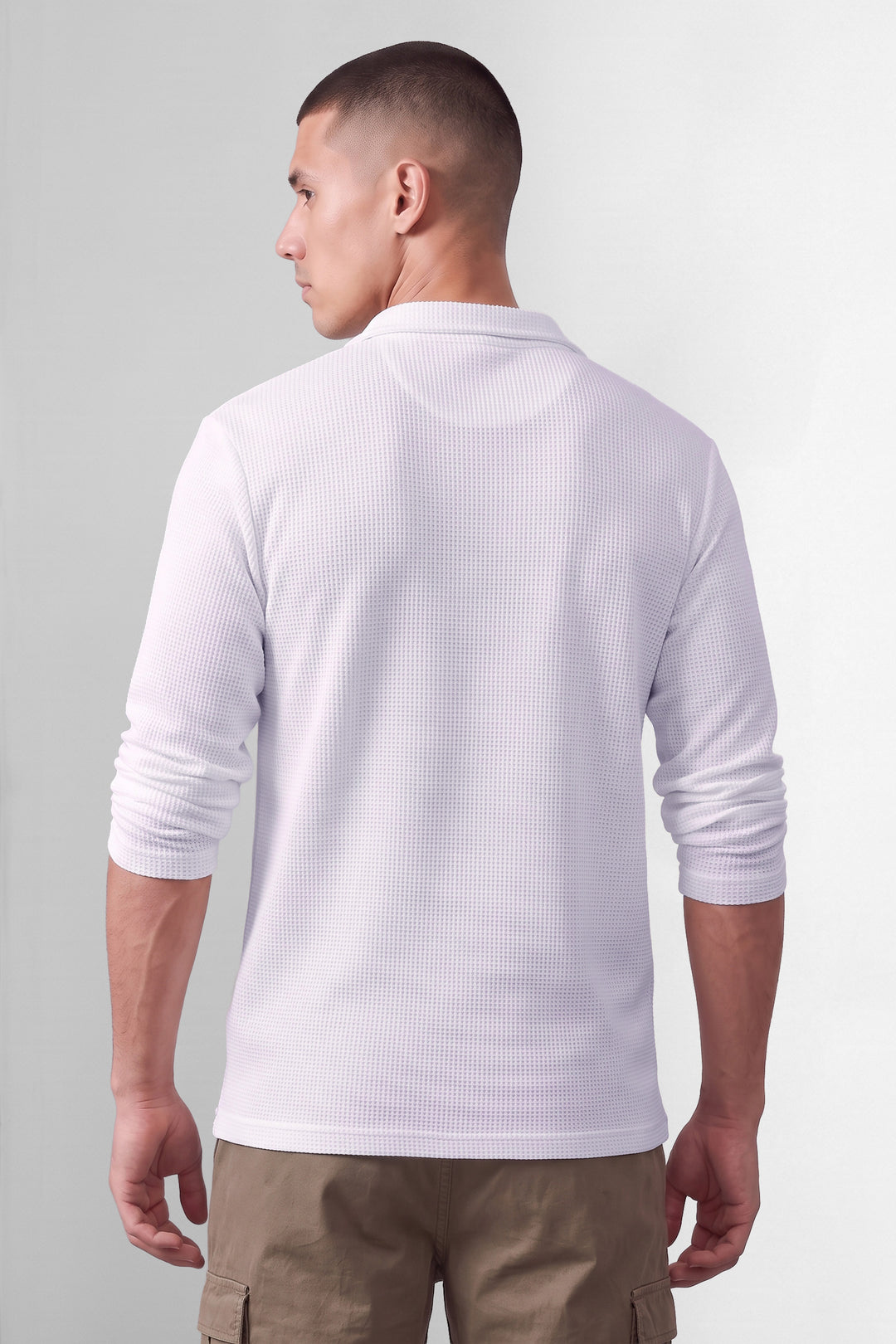 White Self Design Zipper Neck T-Shirt