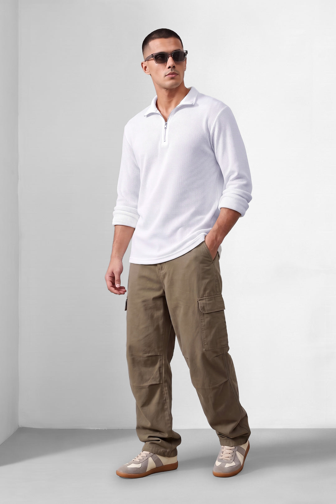 White Self Design Zipper Neck T-Shirt
