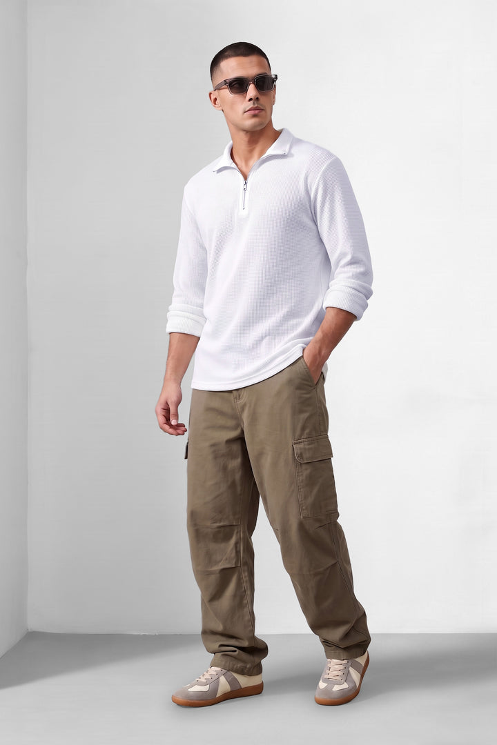 White Self Design Zipper Neck T-Shirt