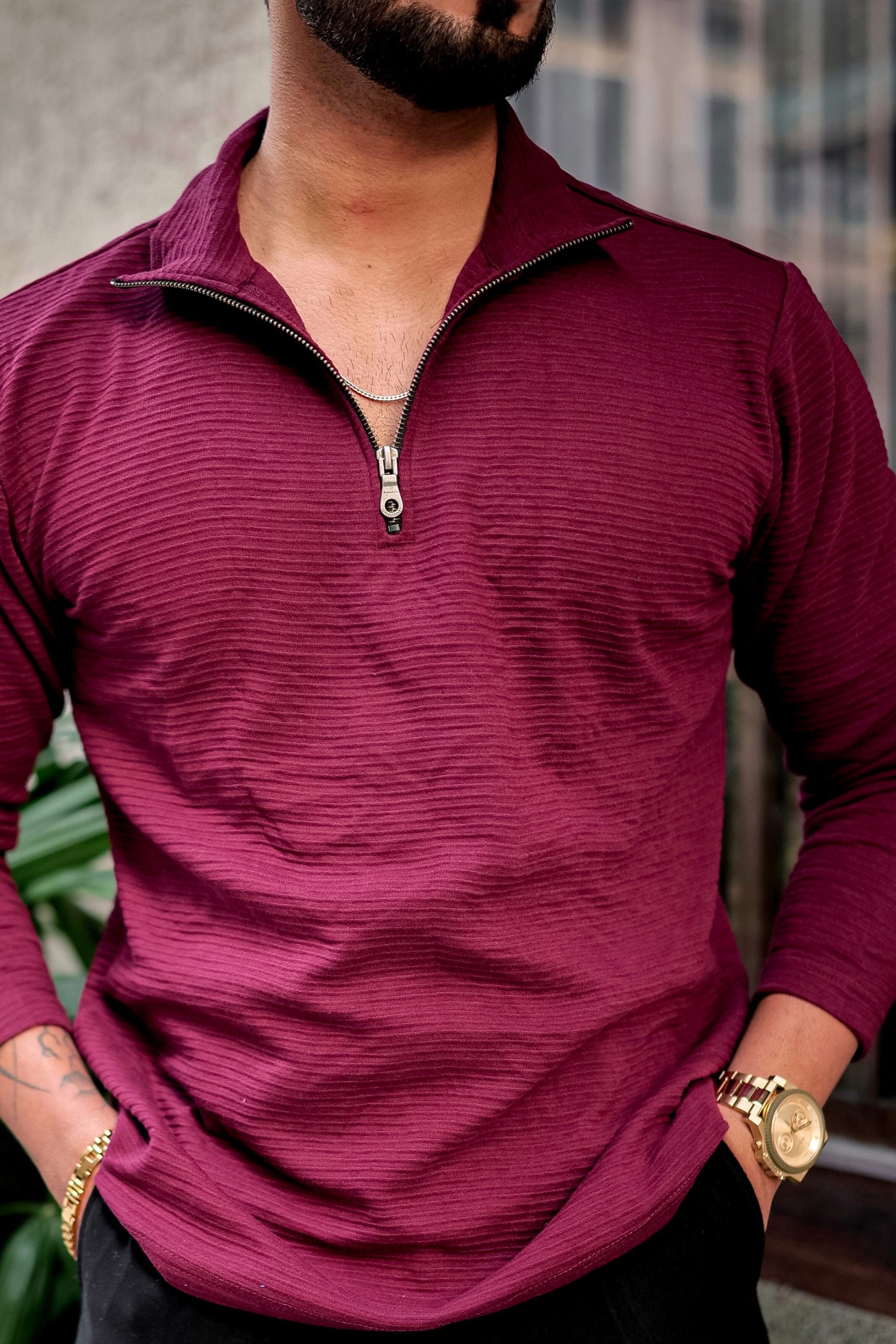 Wine Self Design Zipper T-Shirt