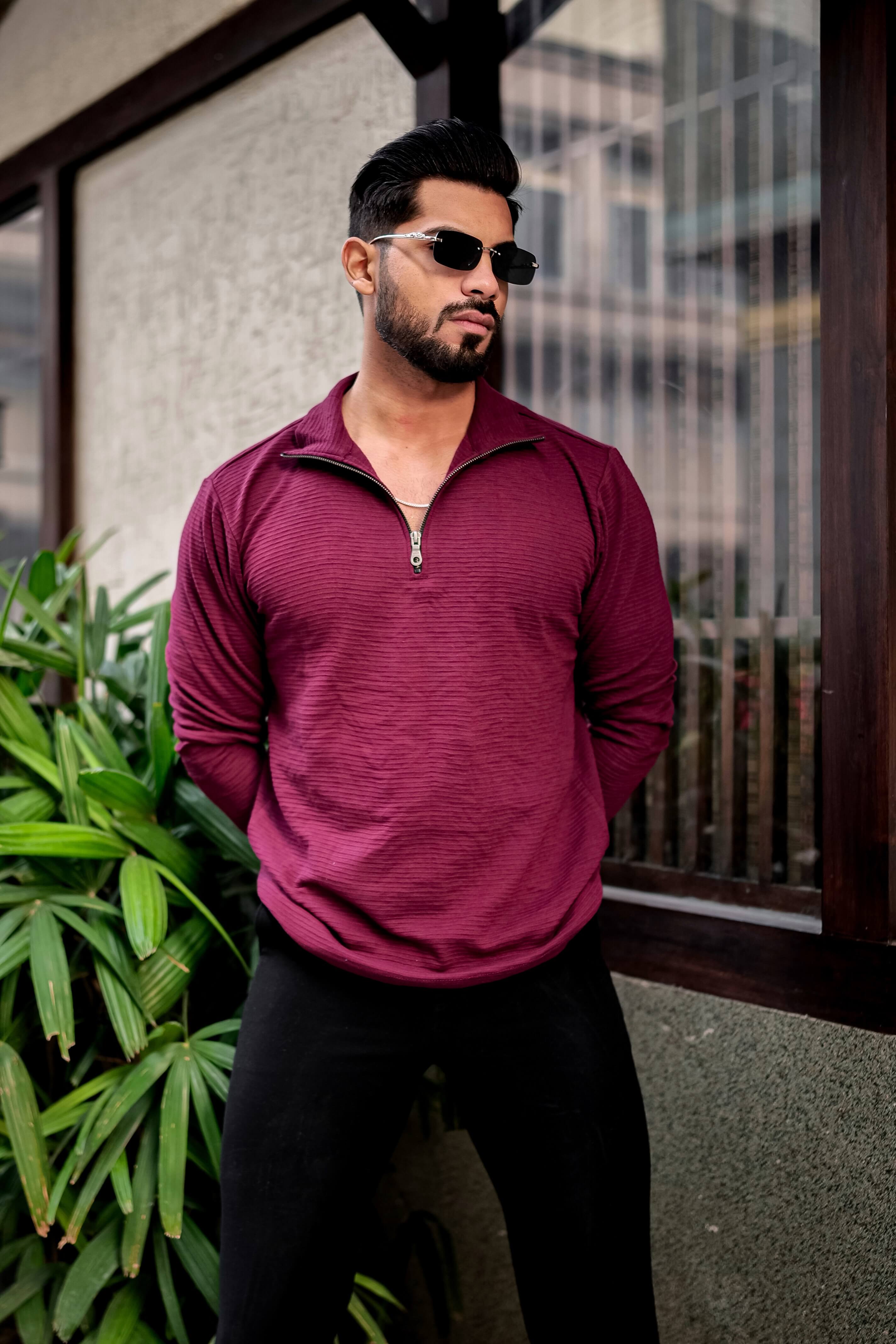 Wine Self Design Zipper T-Shirt