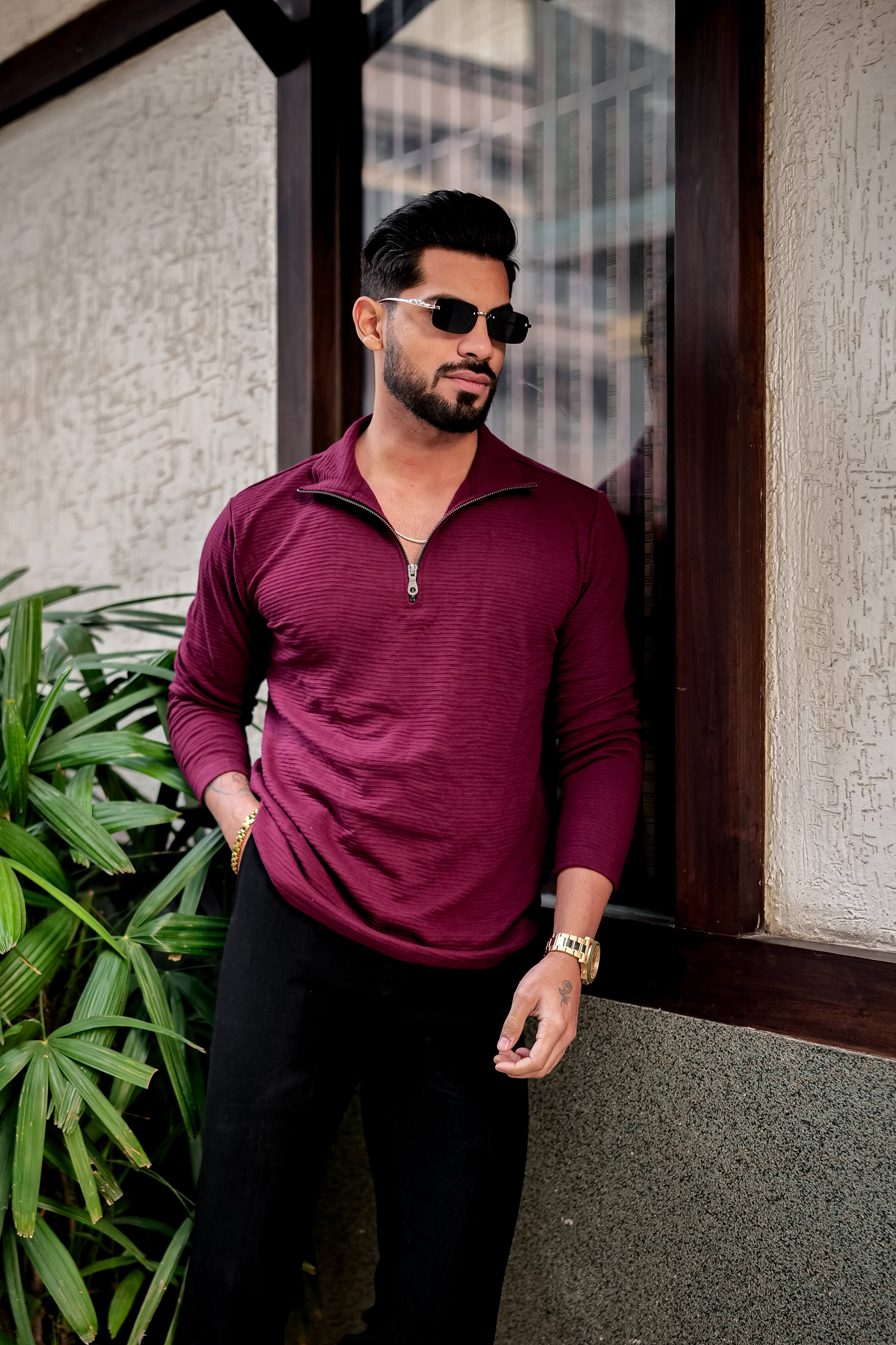 Wine Self Design Zipper T-Shirt