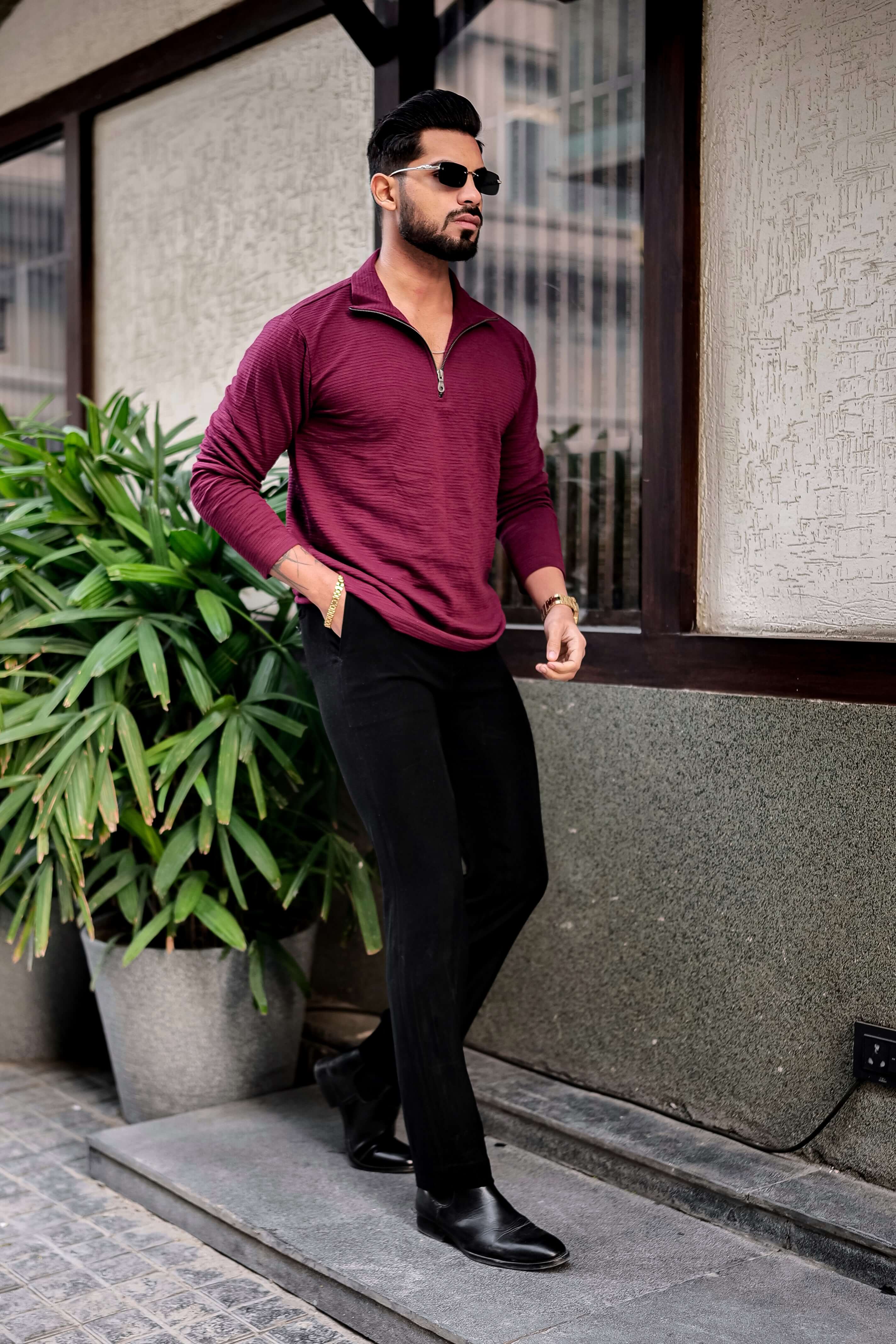 Wine Self Design Zipper T-Shirt