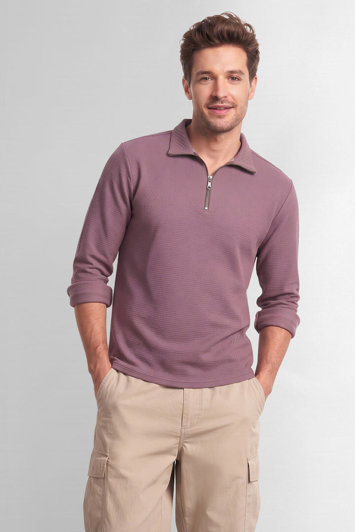 Wine Full Sleeve Self Design Zipper T-Shirt