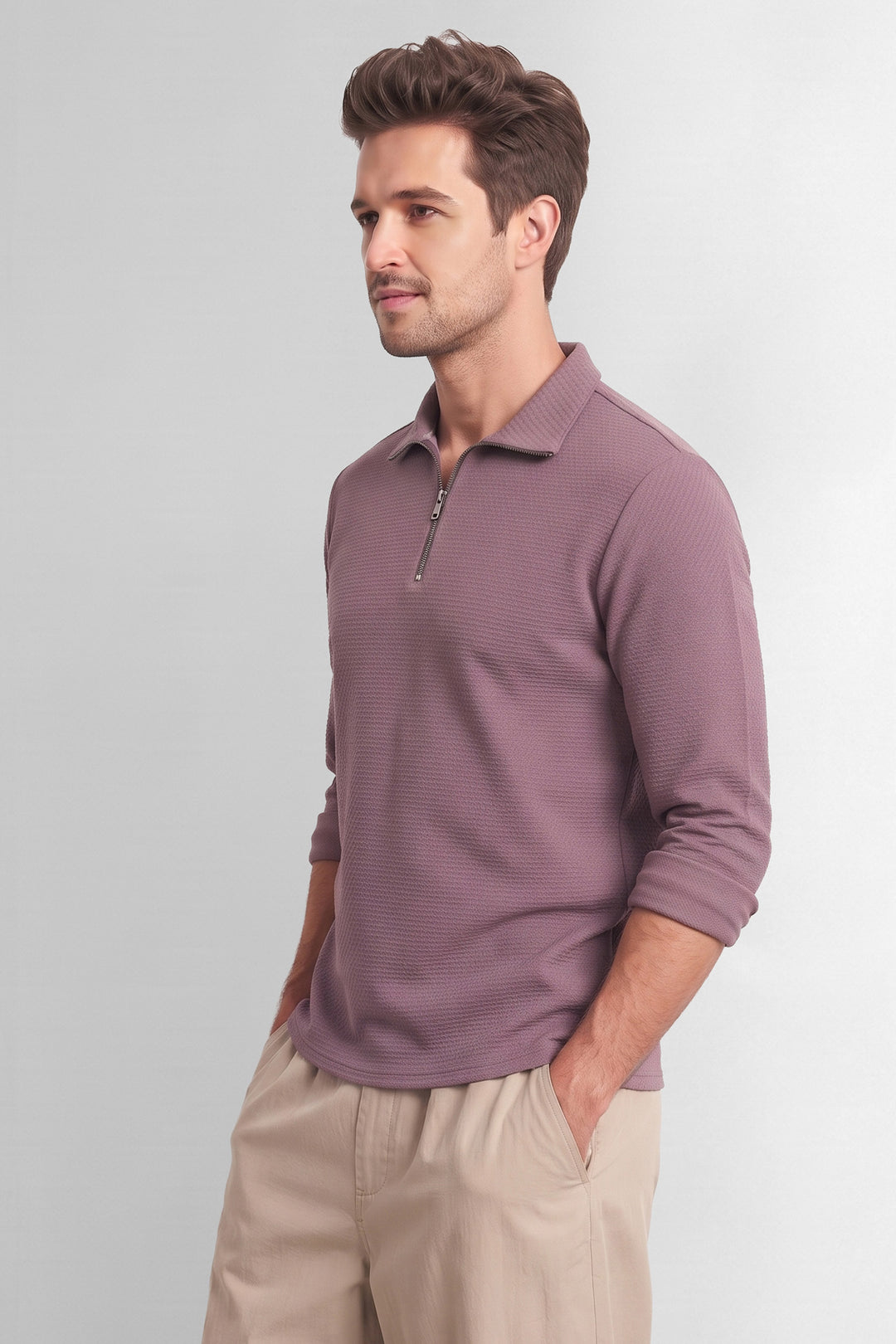 Wine Full Sleeve Self Design Zipper T-Shirt