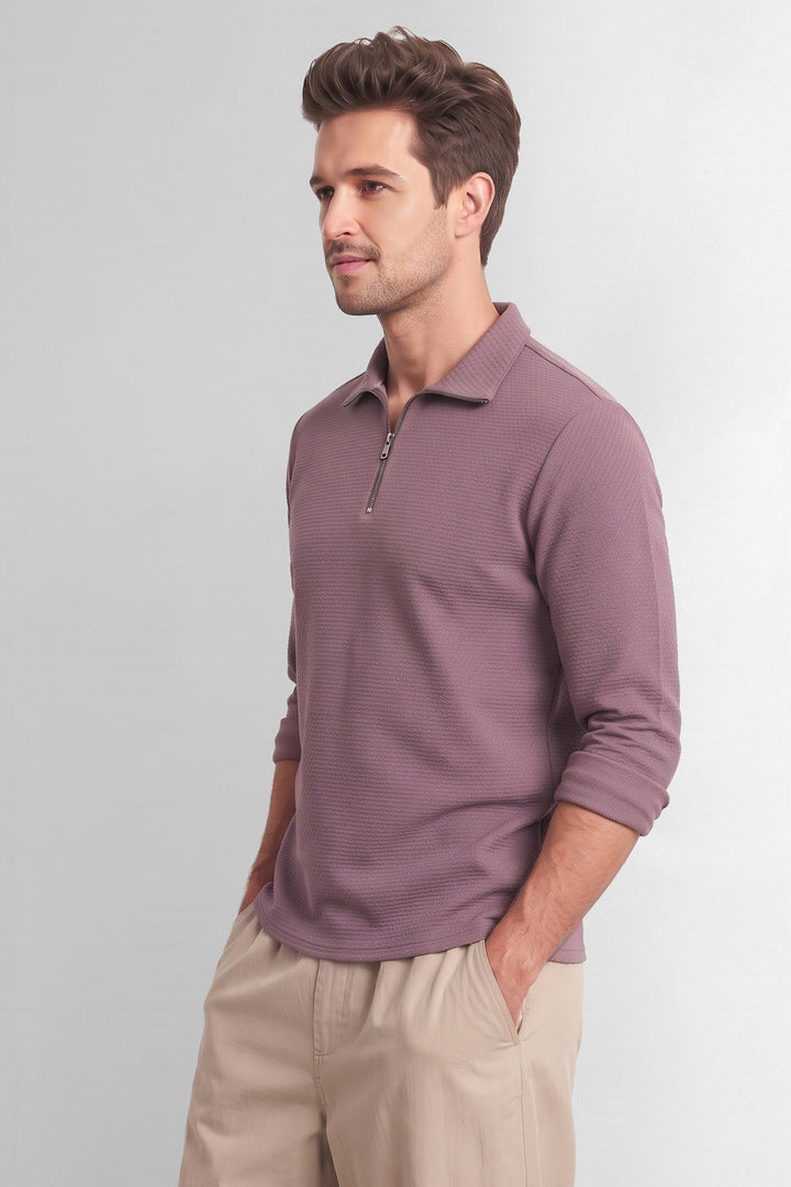 Wine Full Sleeve Self Design Zipper T-Shirt
