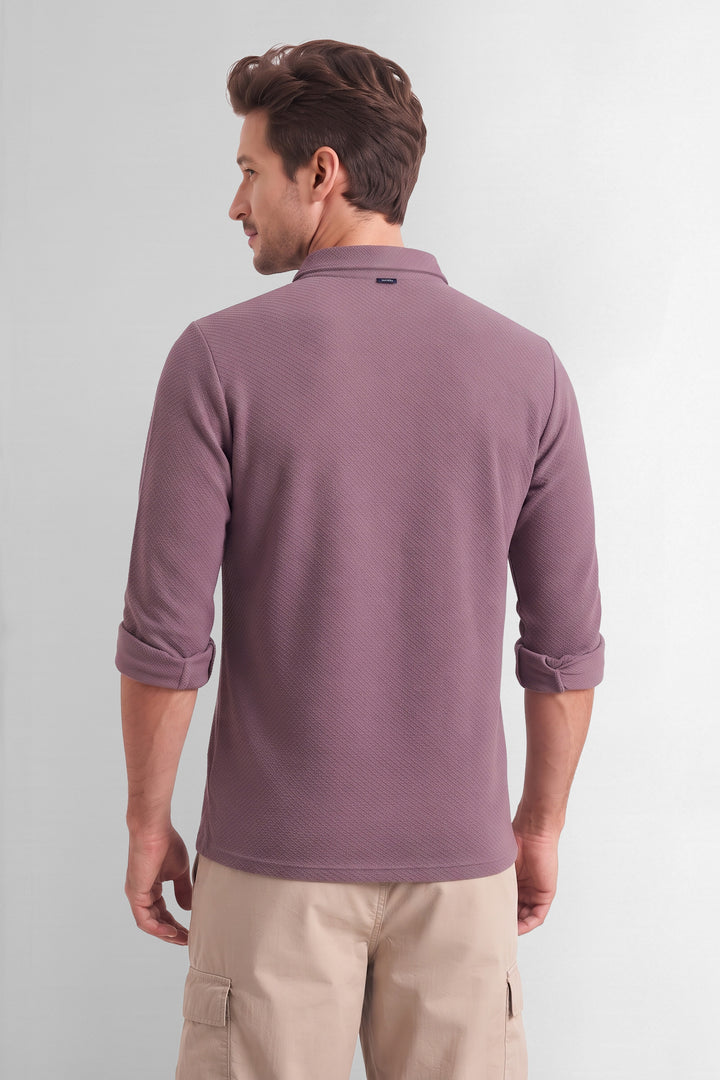 Wine Full Sleeve Self Design Zipper T-Shirt