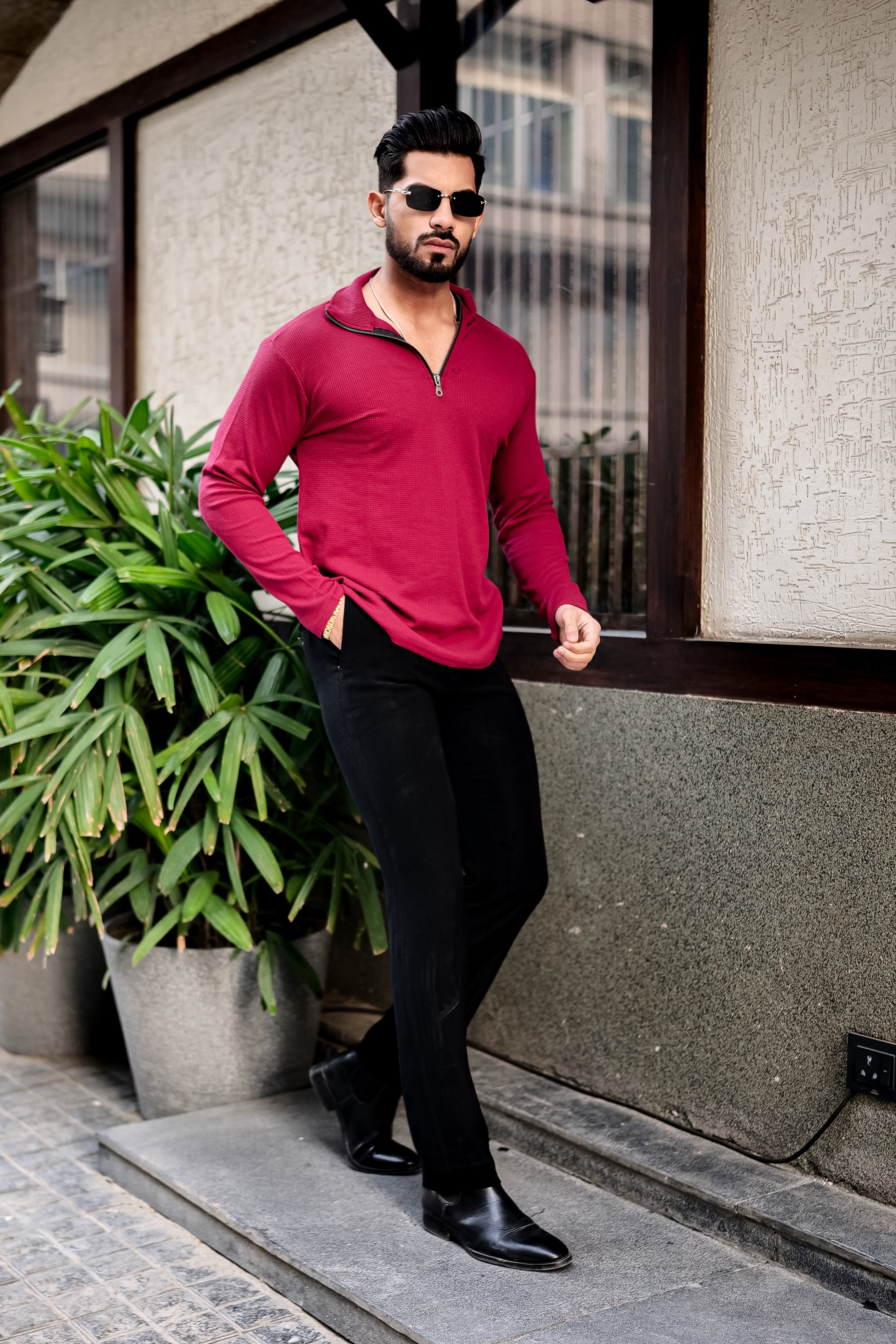 Maroon Waffle Zipper T-Shirt