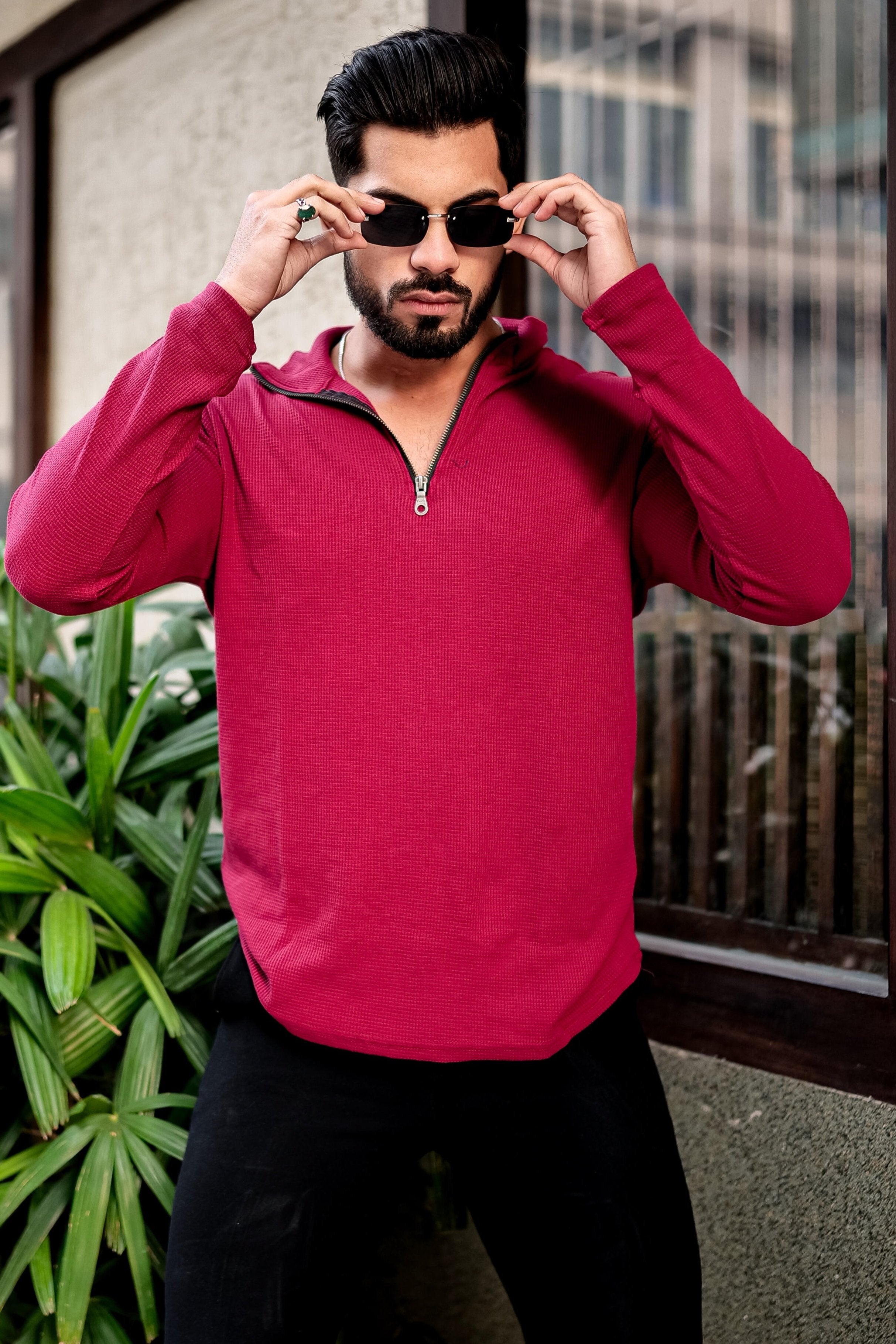 Maroon Waffle Zipper T-Shirt