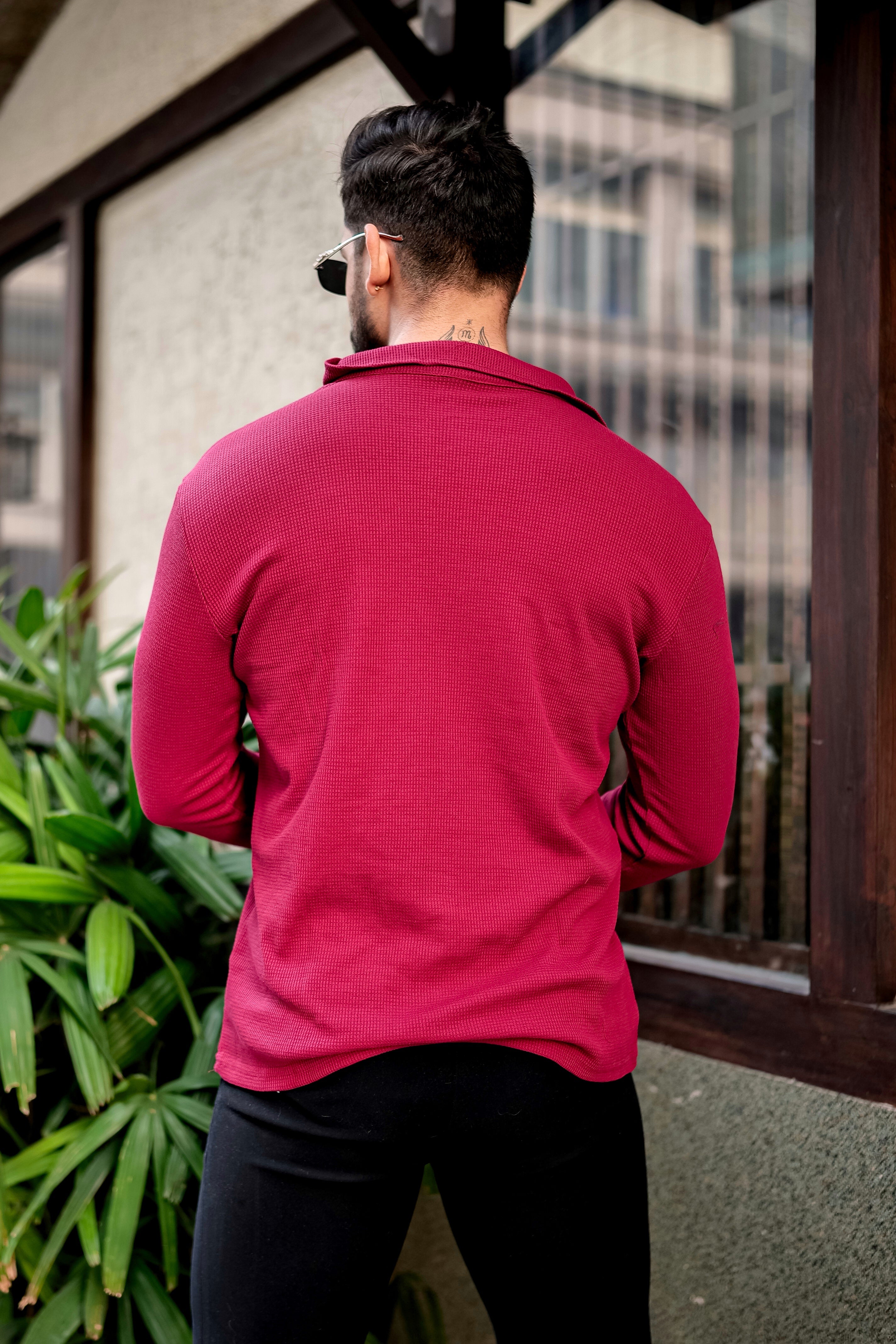 Maroon Waffle Zipper T-Shirt
