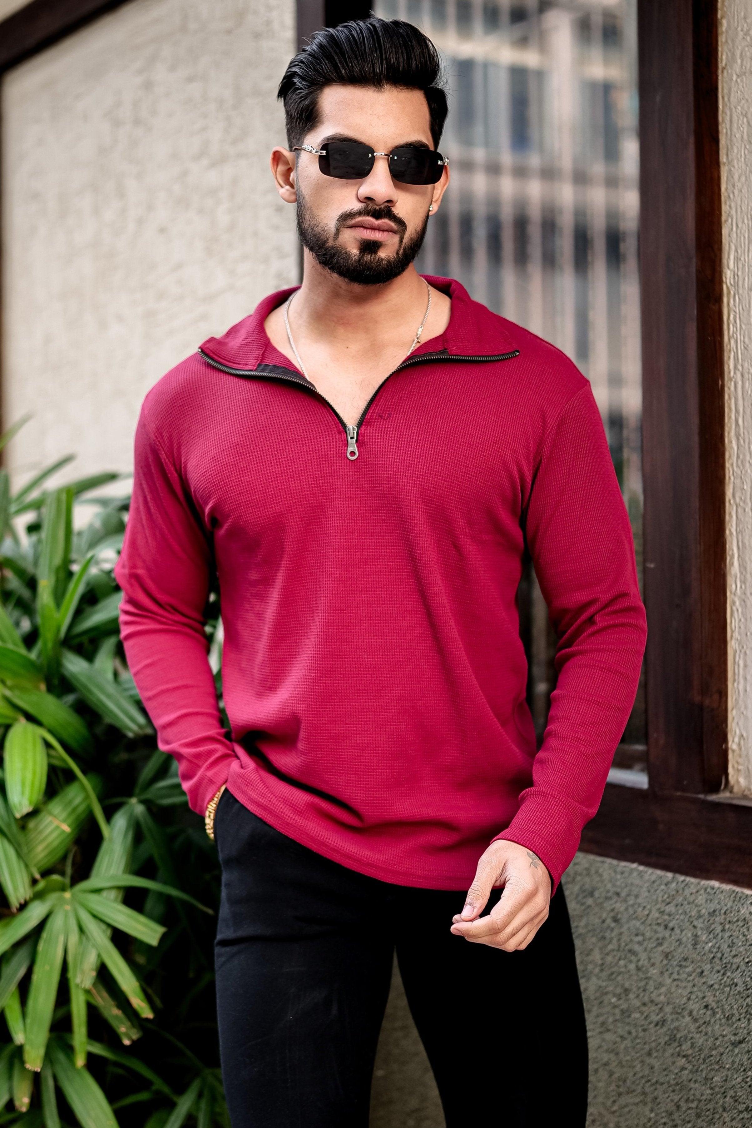 Maroon Waffle Zipper T-Shirt