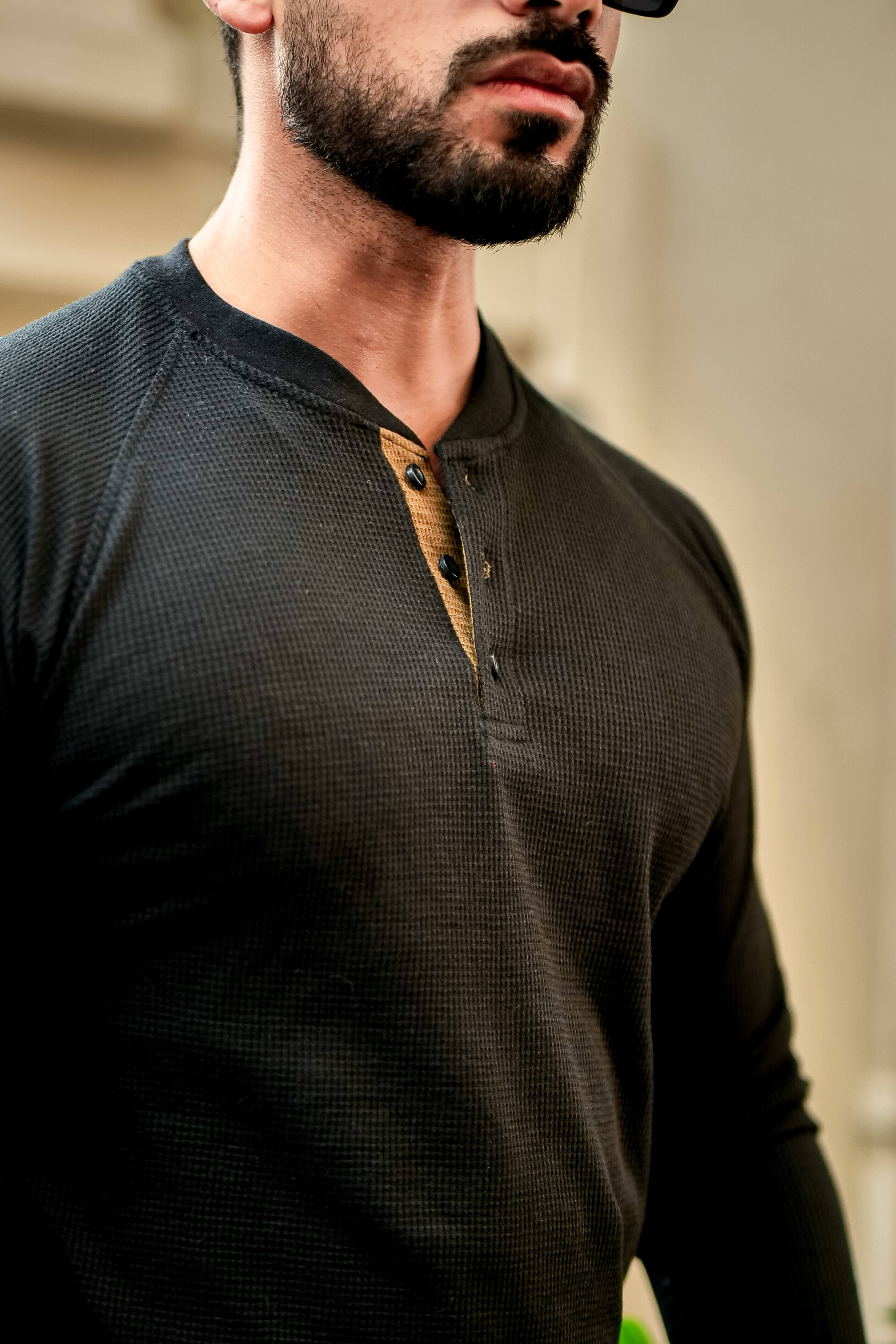Black Contrast Placket Waffle Henley T-Shirt