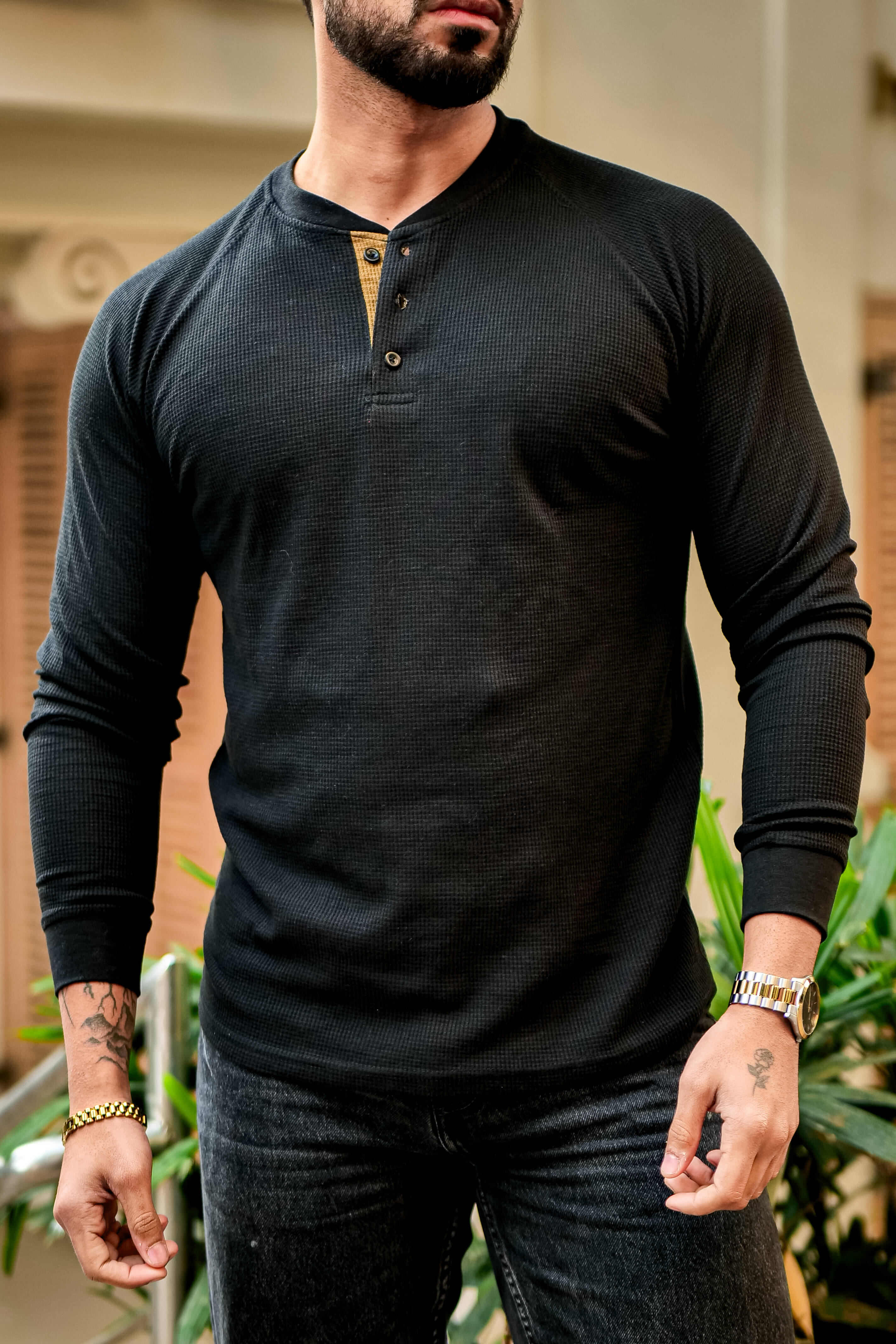 Black Contrast Placket Waffle Henley T-Shirt