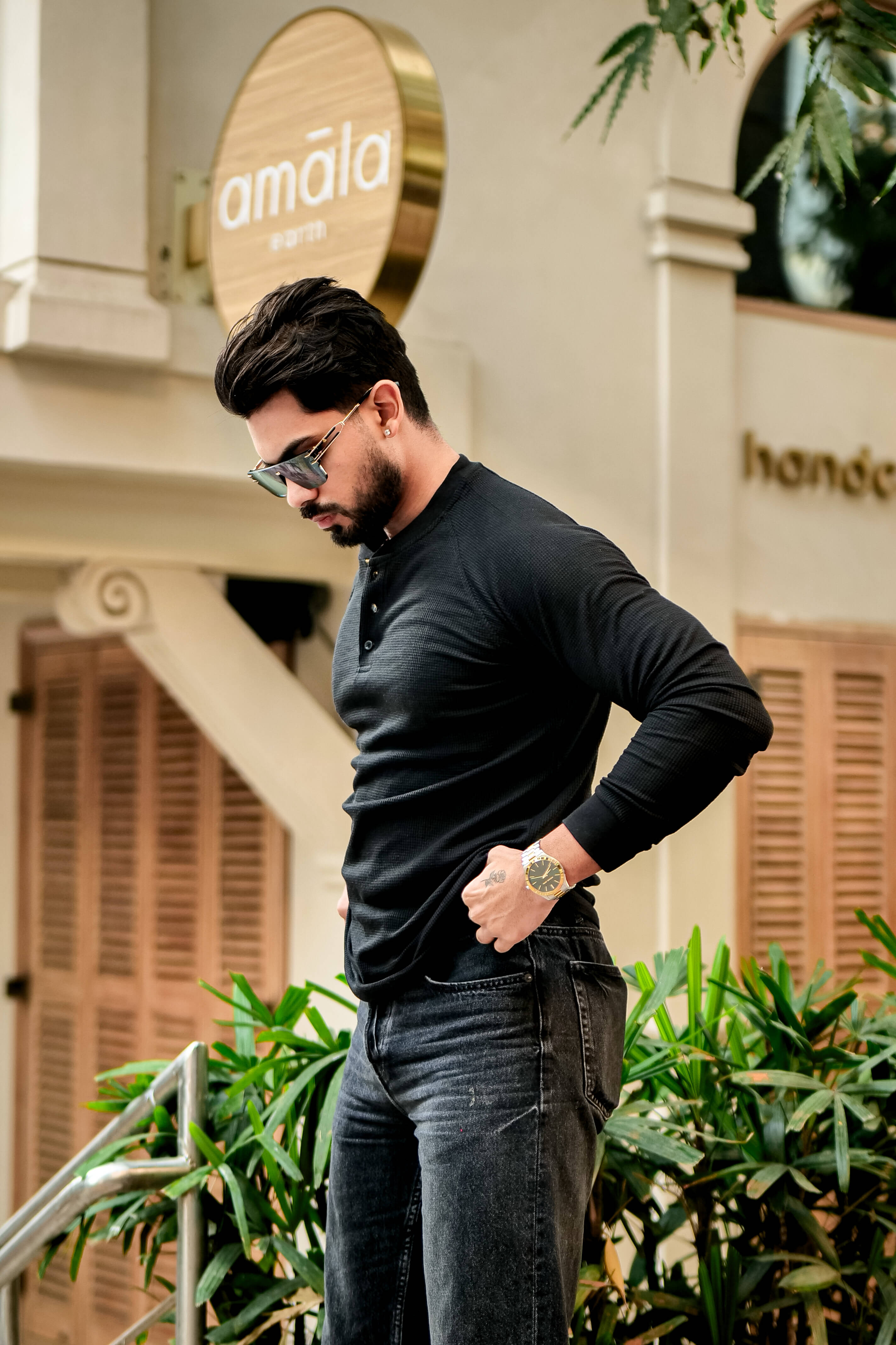 Black Contrast Placket Waffle Henley T-Shirt