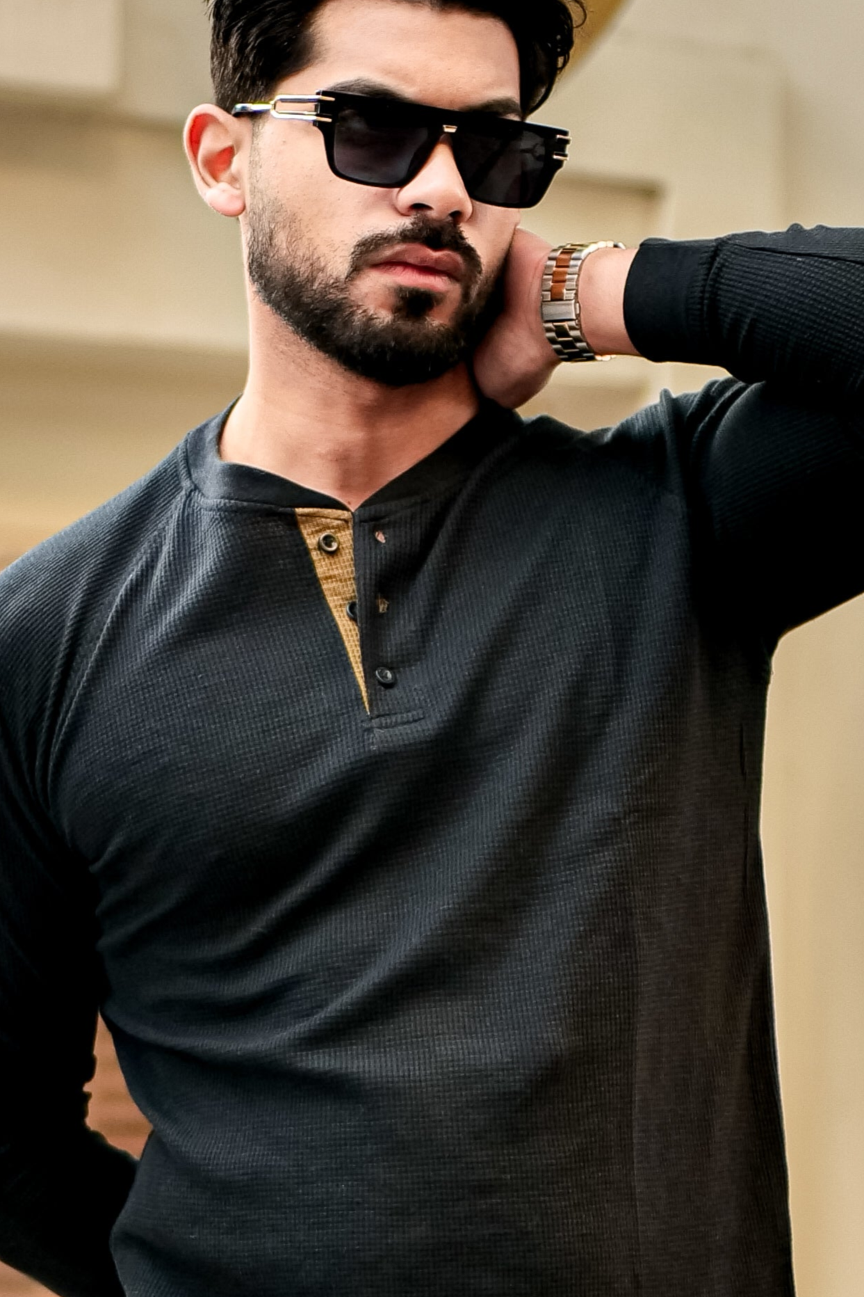 Black Contrast Placket Waffle Henley T-Shirt