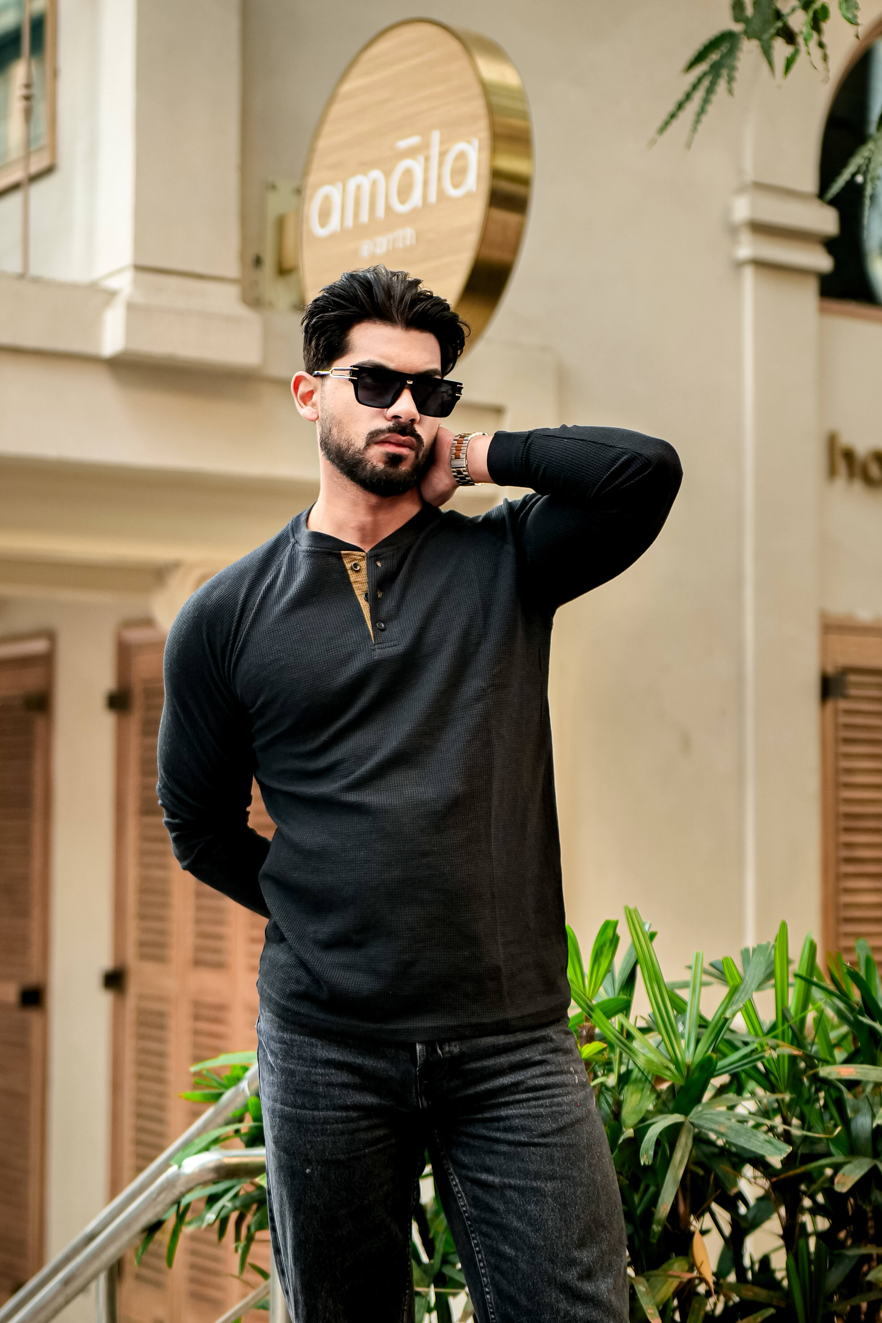 Black Contrast Placket Waffle Henley T-Shirt