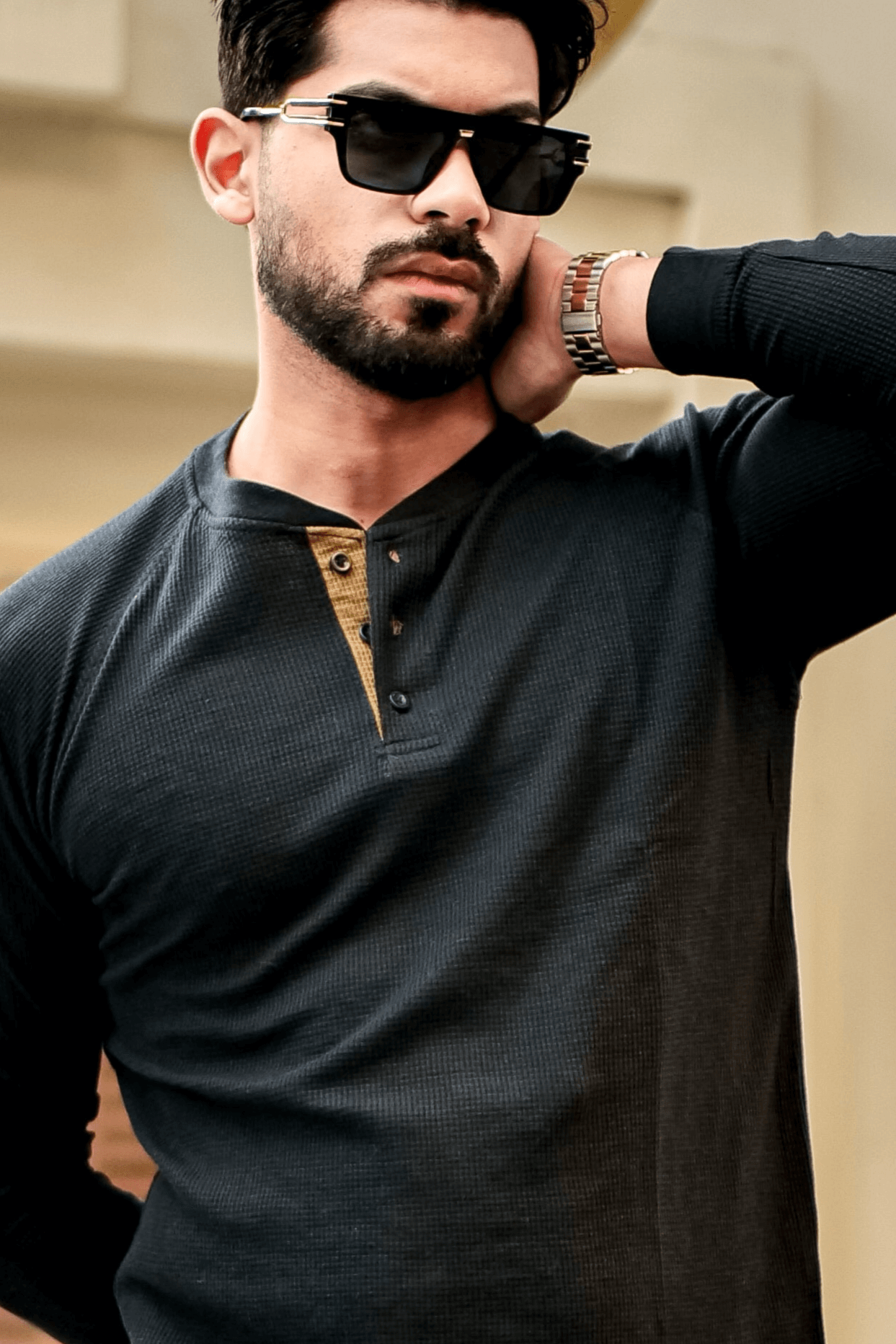 Black Contrast Placket Waffle Henley T-Shirt