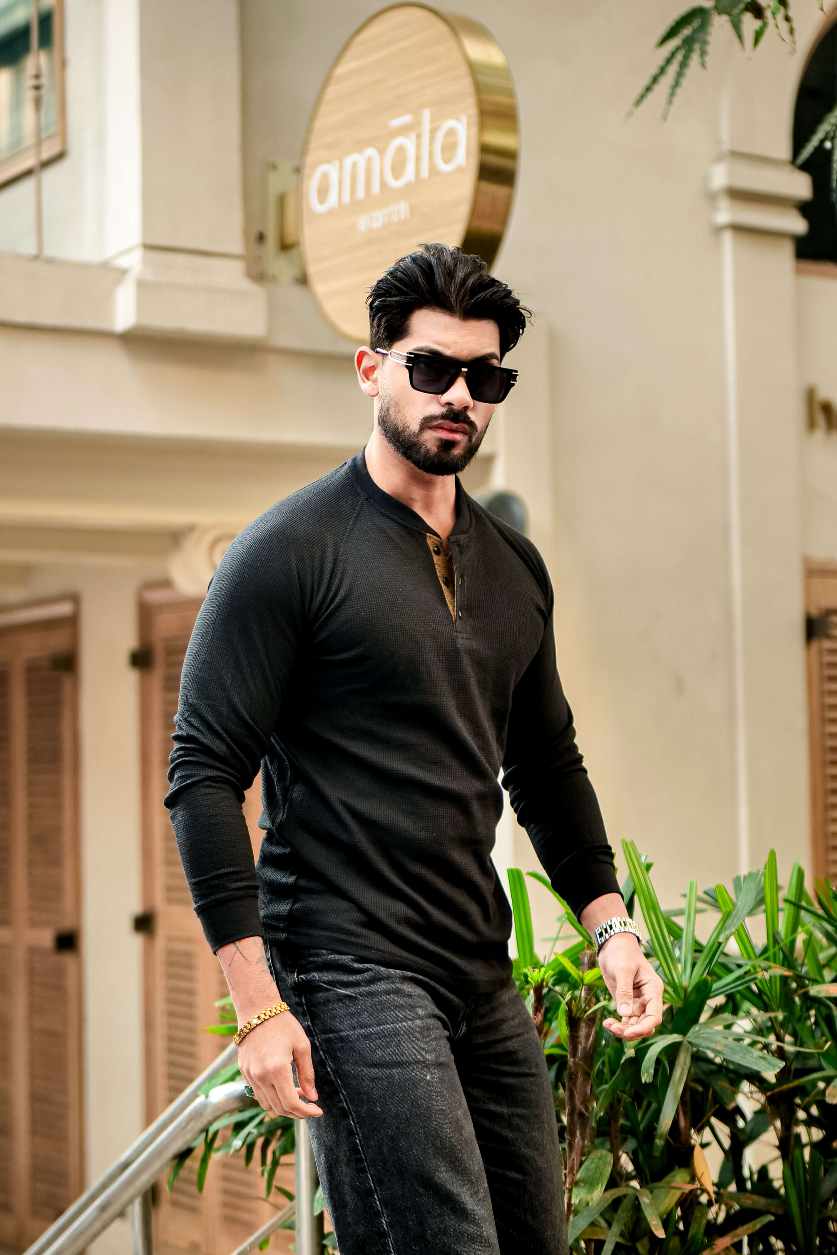 Black Contrast Placket Waffle Henley T-Shirt