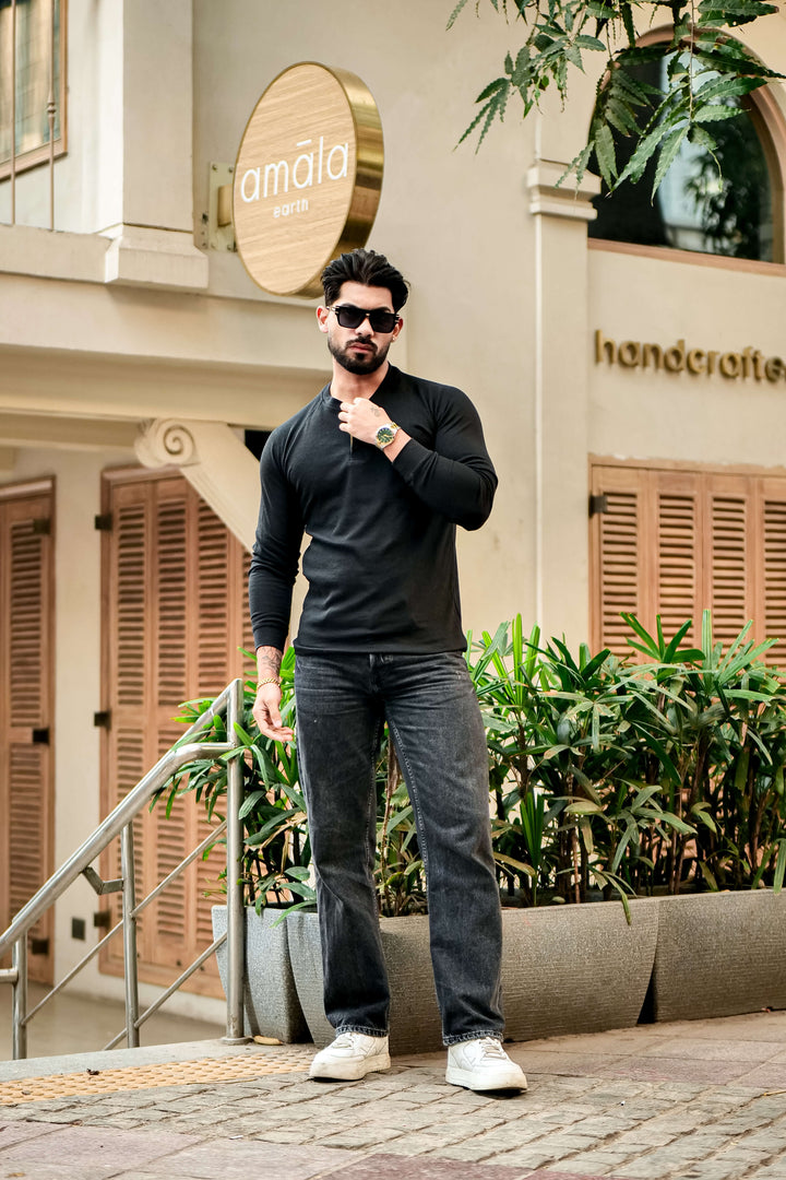 Black Contrast Placket Waffle Henley T-Shirt